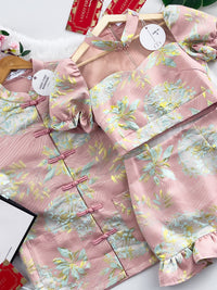 【SS3386-2】【LFW独家小圆饼】高品质两件式提花旗袍套装 泡泡袖提花拼接网纱旗袍上衣➕荷叶摆提花高腰裙子，内层有里布短裤 ❤️❤️