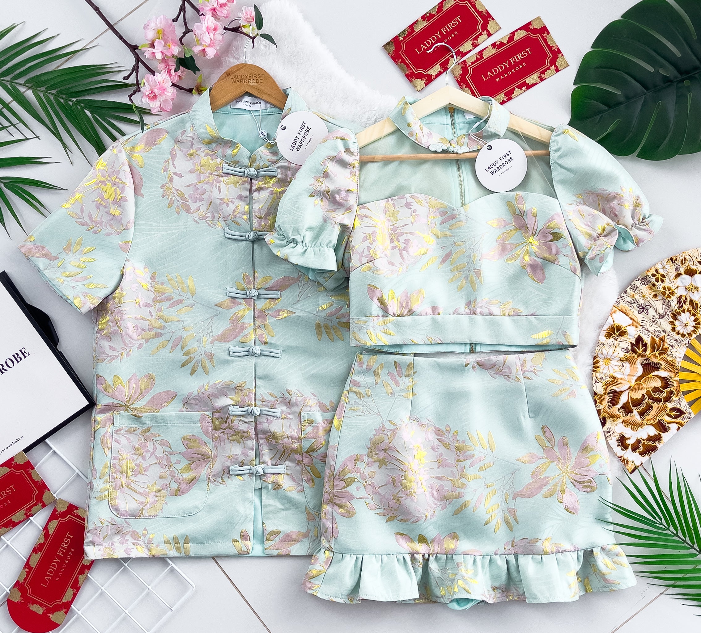 【SS3386-2】【LFW独家小圆饼】高品质两件式提花旗袍套装 泡泡袖提花拼接网纱旗袍上衣➕荷叶摆提花高腰裙子，内层有里布短裤 ❤️❤️