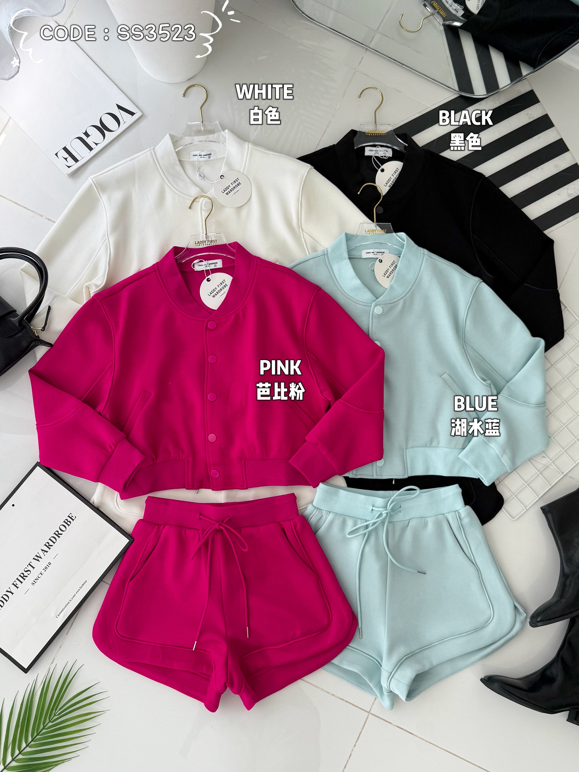 【SS3523】【LFW独家小圆饼】高品质高端气质厚实空气绵韩式时尚百搭套装 V领长袖外套上衣 按扭设计➕抽绳松紧腰百搭短裤，有口袋 ❤️❤️【B-R2-C4】