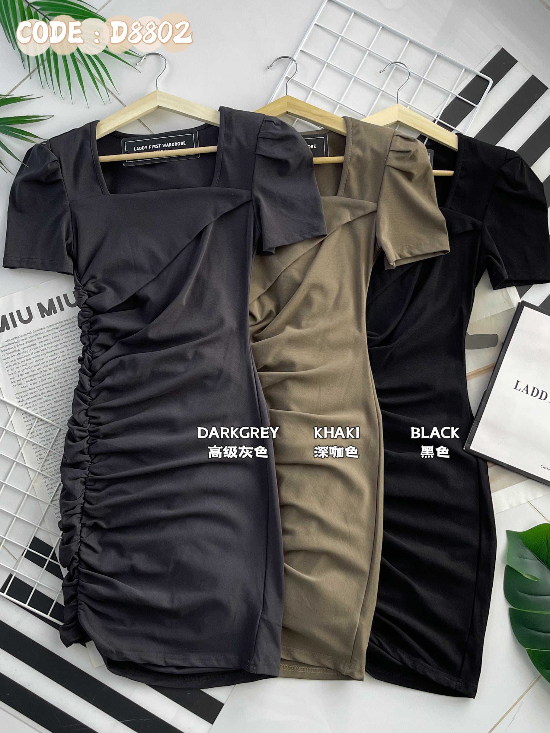 【D8802】方领带肩垫抽褶边设计显腰纯棉弹力连身裙子
