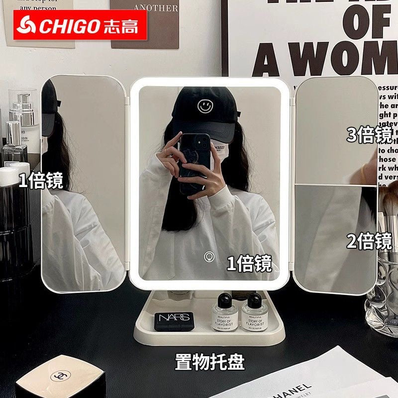 【DG6006】🇨🇳 代购 1.0 🇨🇳 LED三面折叠多倍镜带灯化妆贝壳镜 🪞