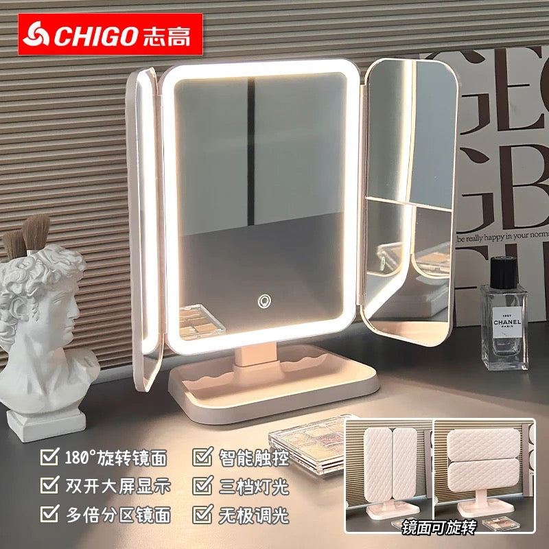 【DG6006】🇨🇳 代购 1.0 🇨🇳 LED三面折叠多倍镜带灯化妆贝壳镜 🪞
