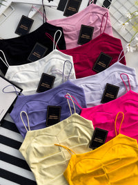 【T3402】方领压褶收身设计细带无袖纯棉弹力内搭上衣 ❤❤ 【B-R1-C2】