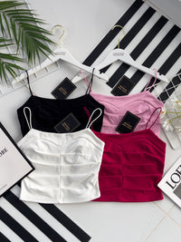 【T3402】方领压褶收身设计细带无袖纯棉弹力内搭上衣 ❤❤ 【B-R1-C2】