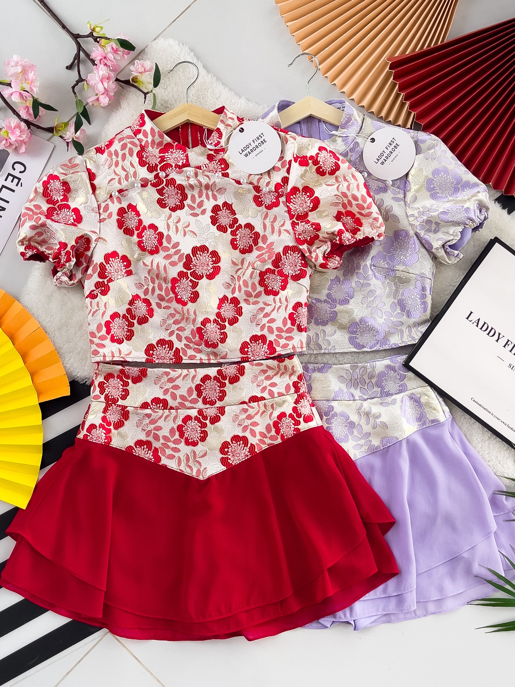 【SS3384】【独家小圆饼】两件式提花唐装旗袍套装 短袖珍珠设计提花上衣➕提花拼接雪纺裙子，内层有里布短裤 ❤️❤️