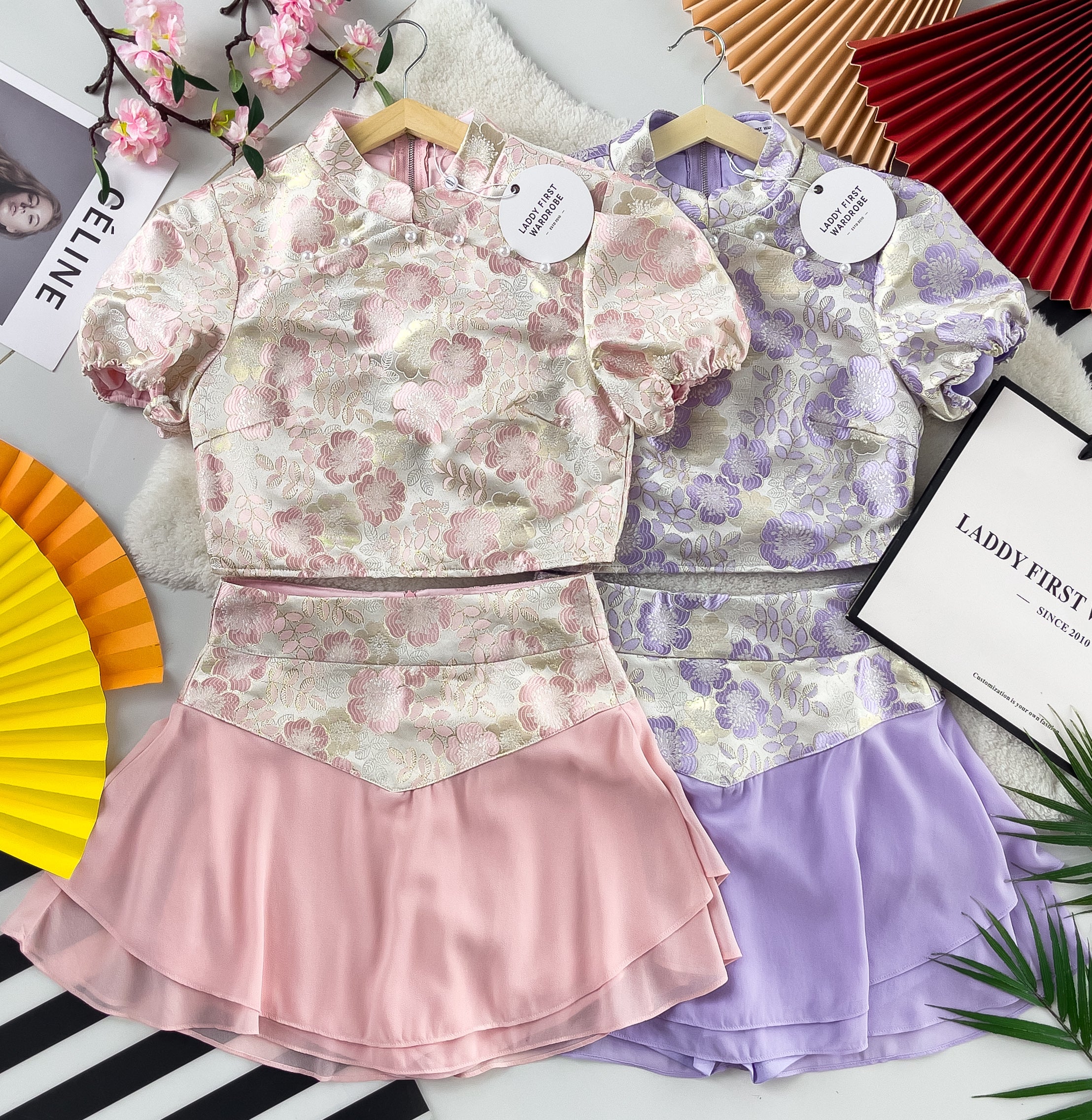 【SS3384】【独家小圆饼】两件式提花唐装旗袍套装 短袖珍珠设计提花上衣➕提花拼接雪纺裙子，内层有里布短裤 ❤️❤️