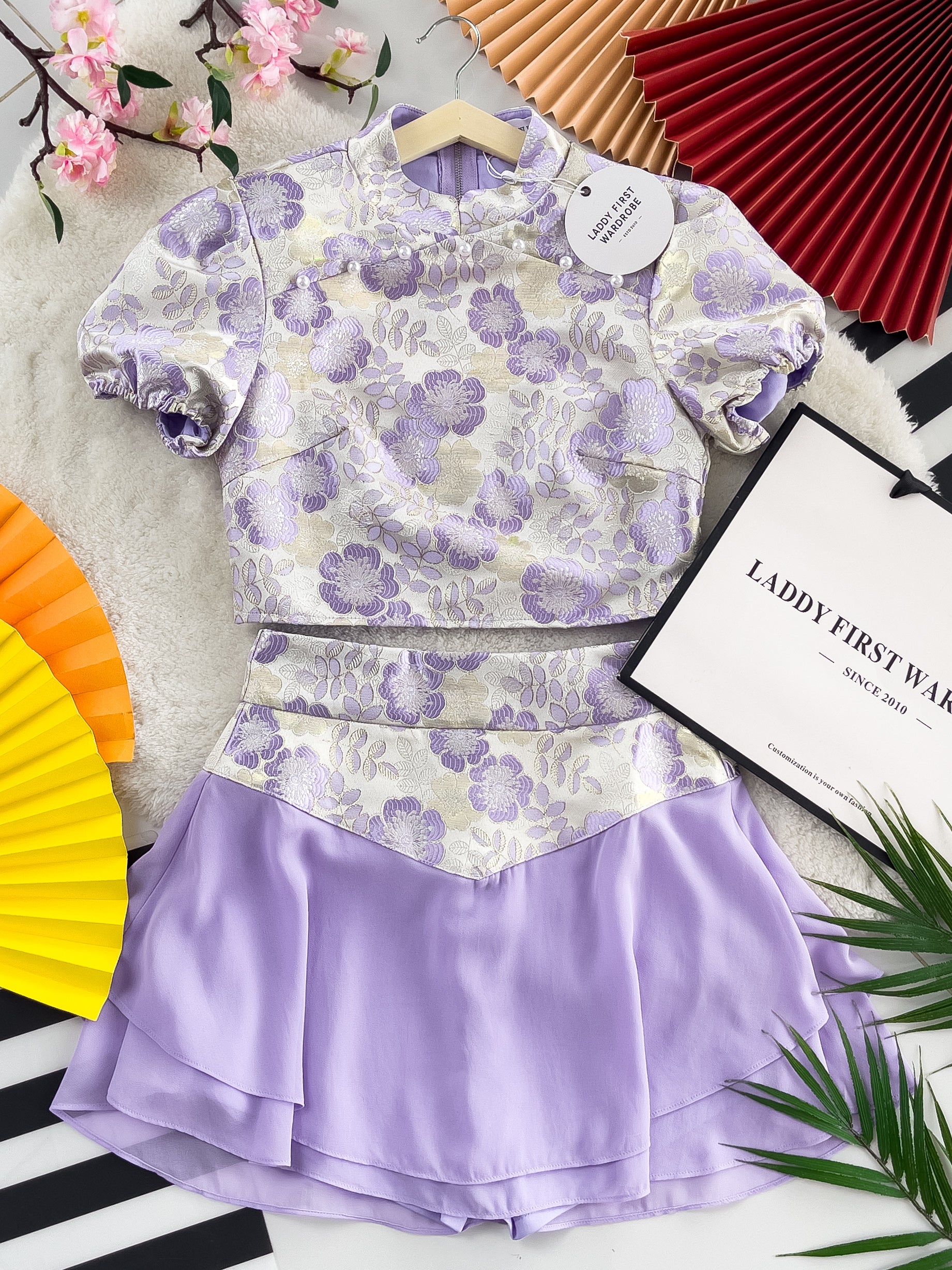 【SS3384】【独家小圆饼】两件式提花唐装旗袍套装 短袖珍珠设计提花上衣➕提花拼接雪纺裙子，内层有里布短裤 ❤️❤️