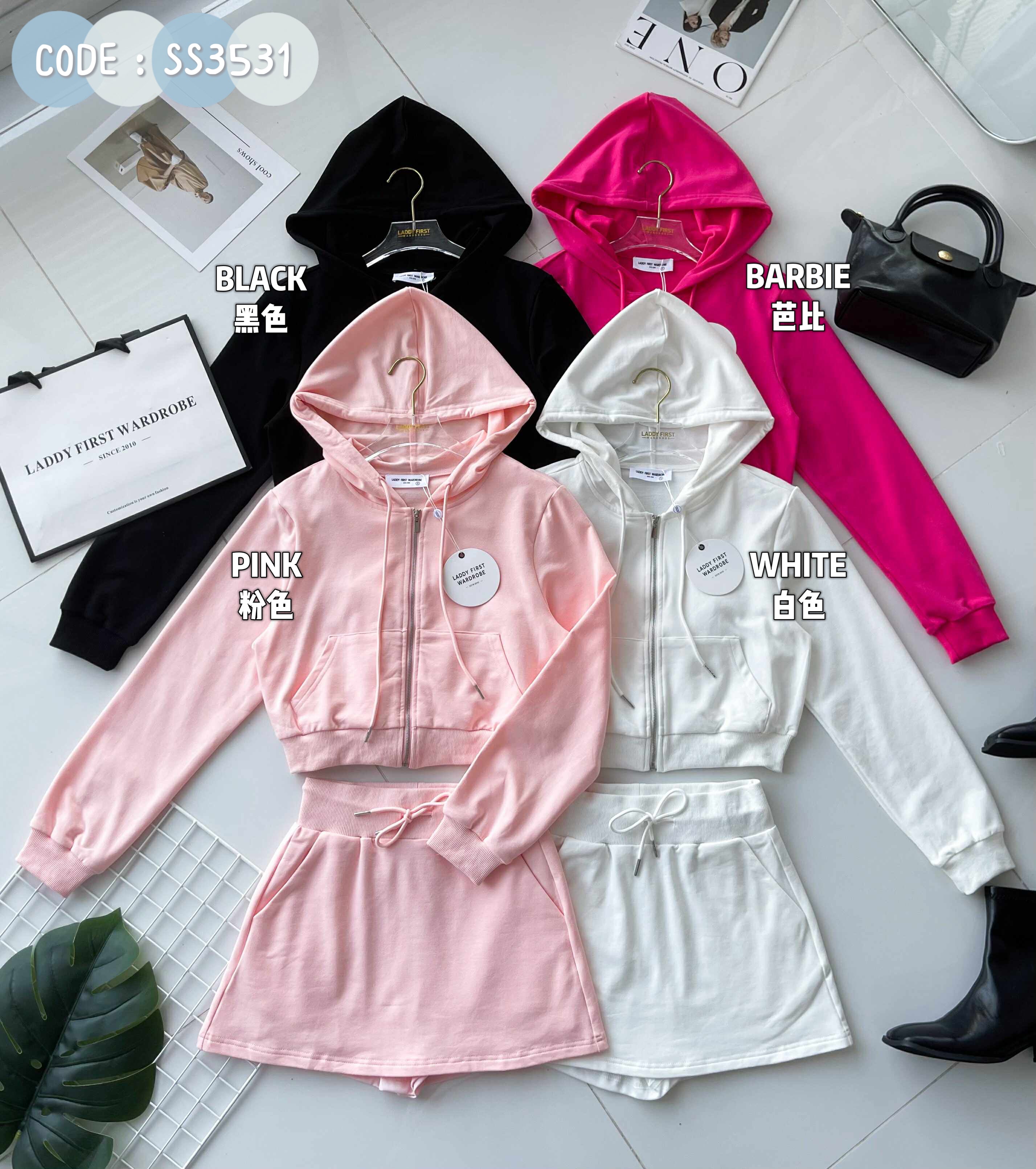 【SS3531】【独家小圆饼】高品质两件式卫衣棉简约休闲百搭套装 连帽长袖短版上衣外套➕抽绳松紧弹力高腰百搭裙子，内层有里布短裤，有口袋 ❤️❤️