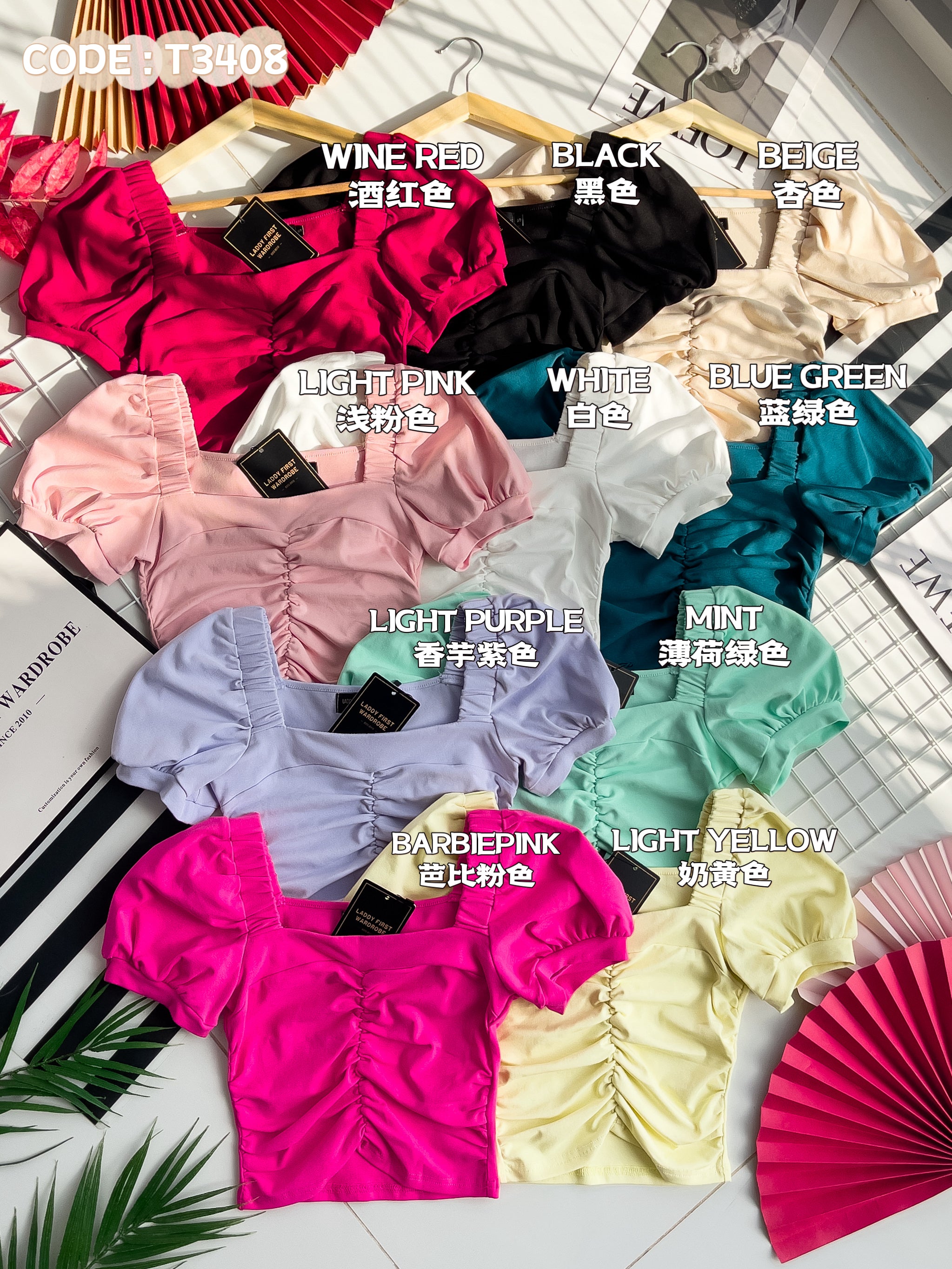 【T3408】独家爆款方领宫廷袖皱褶修身设计纯棉弹力百搭上衣 ❤❤ 【A-R1-C5】