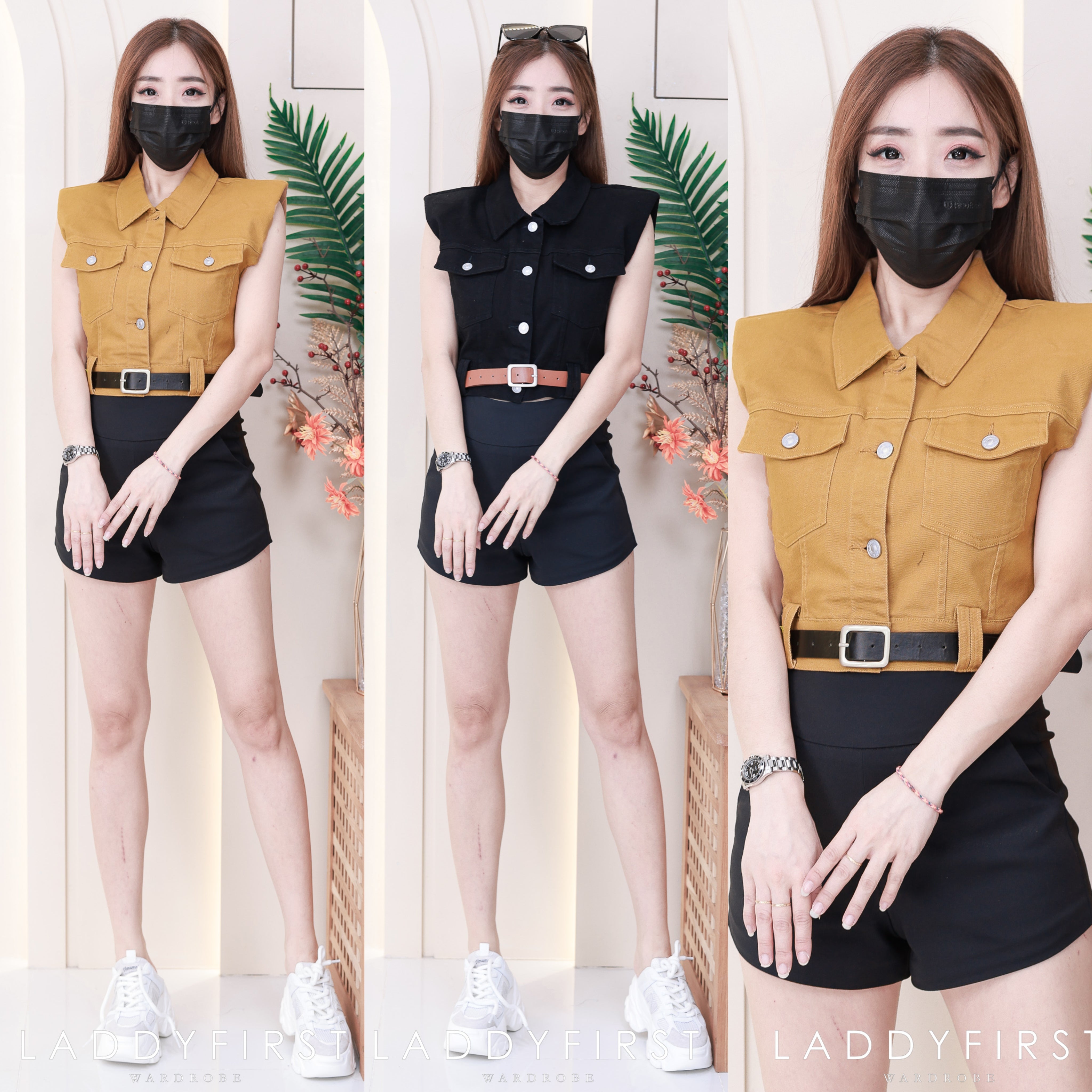 【T121366】翻领无袖加肩垫牛仔马甲外套/上衣 #搭配配送腰带 #有肩垫 ❤️❤️