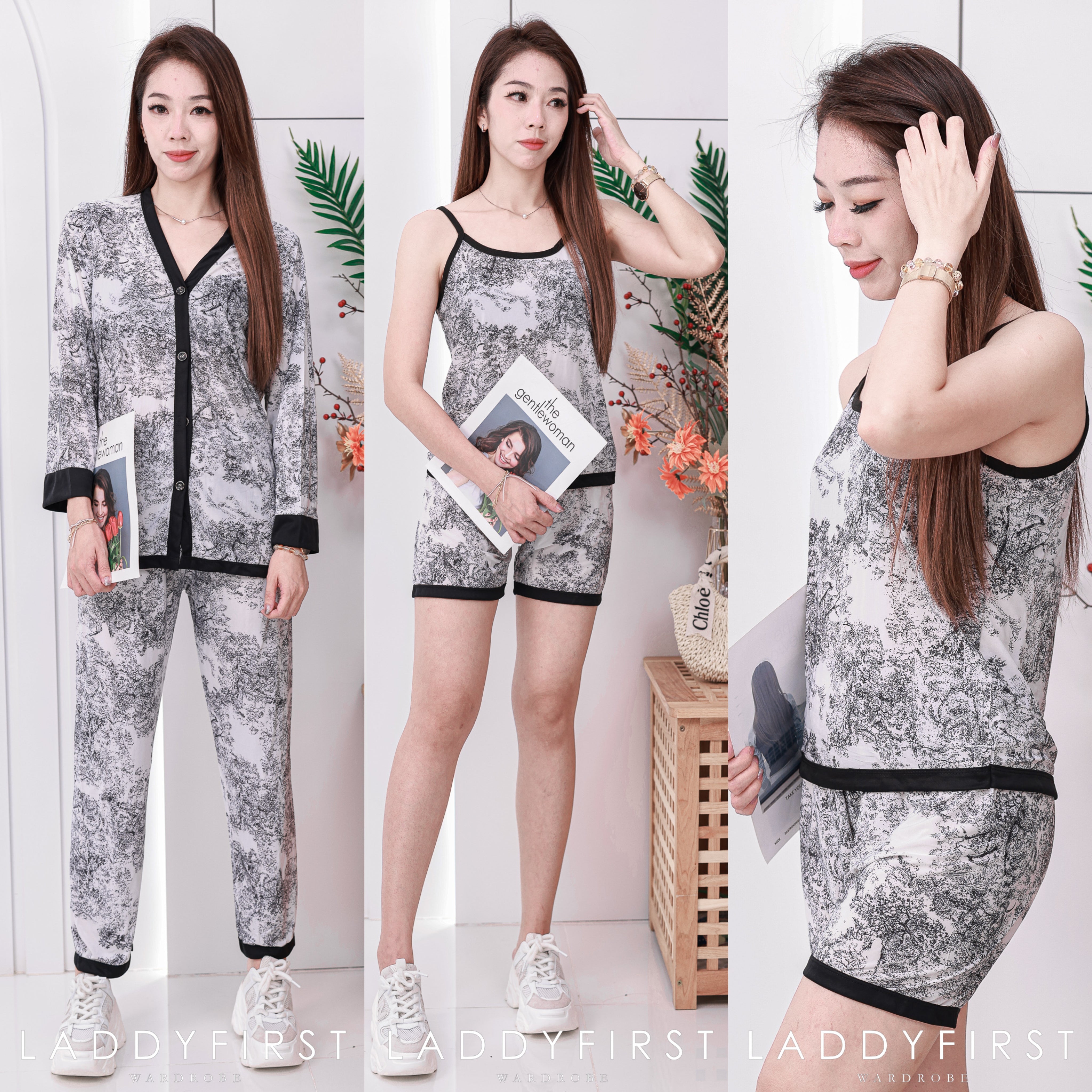 【SW2802】【礼盒装】国潮风水墨画四件套宽松冰丝居家服睡衣套装 ••肩带上衣➕短裤➕长袖上衣➕长裤•• ❤❤️