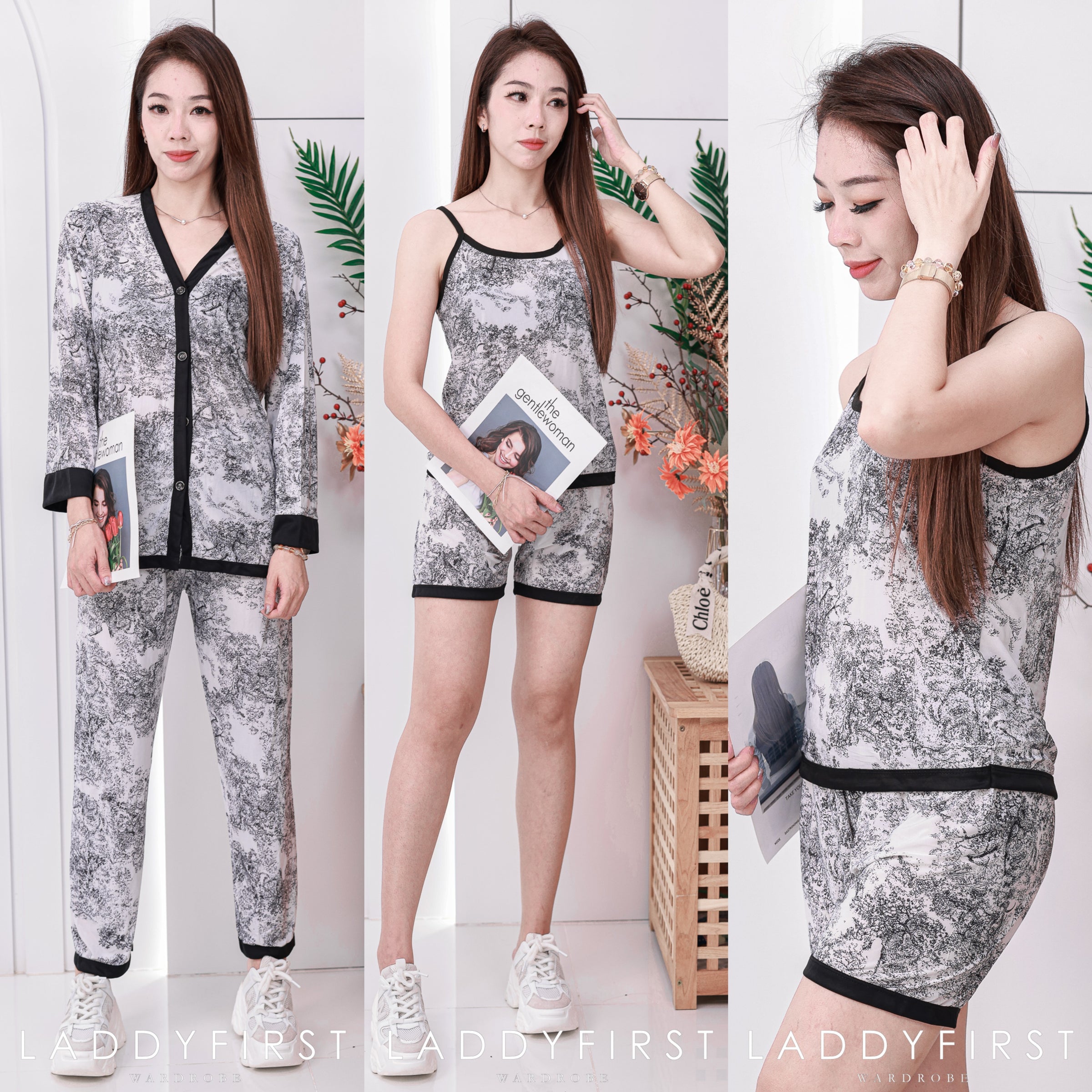 【SW2802】【礼盒装】国潮风水墨画四件套宽松冰丝居家服睡衣套装 ••肩带上衣➕短裤➕长袖上衣➕长裤•• ❤❤️