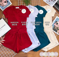 【SS3431】【网站福利款✨】独家爆款两件式简约休闲百搭纯棉套装 V领短袖两侧腰边收腰设计百搭上衣➕松紧腰弹力休闲百搭短裤，有口袋 ❤️❤️【A-R1-C1】