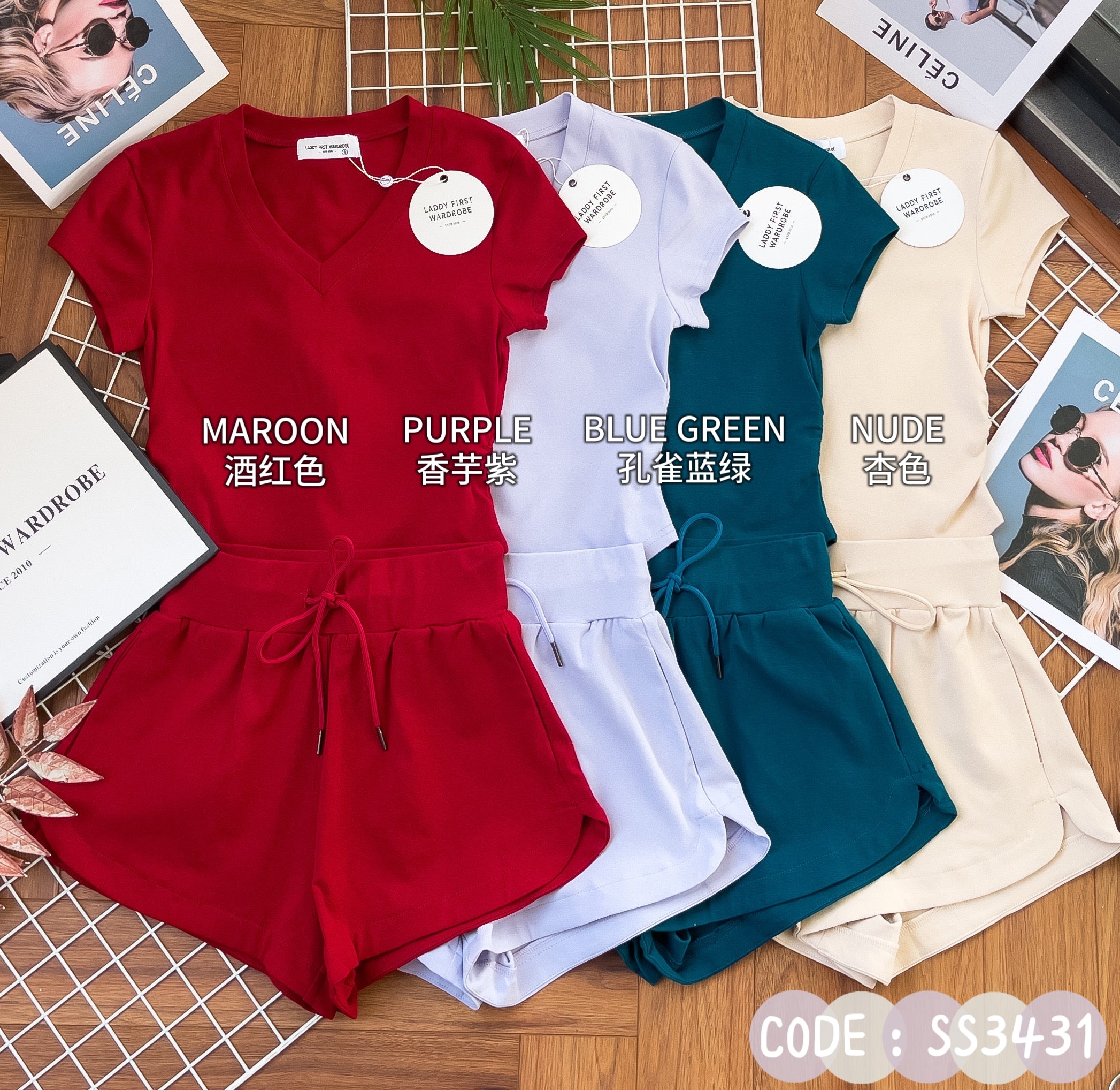 【SS3431】【网站福利款✨】独家爆款两件式简约休闲百搭纯棉套装 V领短袖两侧腰边收腰设计百搭上衣➕松紧腰弹力休闲百搭短裤，有口袋 ❤️❤️【A-R1-C1】