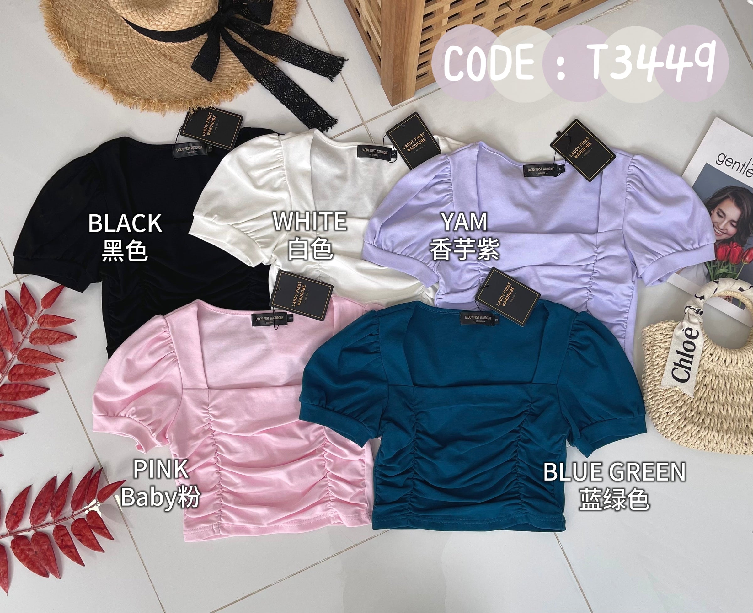 【T3449】独家爆款高品质方领前双层短袖纯棉弹力皱褶百搭上衣 ❤❤【B-R1-C1】