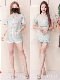【SS3386-2】【LFW独家小圆饼】高品质两件式提花旗袍套装 泡泡袖提花拼接网纱旗袍上衣➕荷叶摆提花高腰裙子，内层有里布短裤 ❤️❤️
