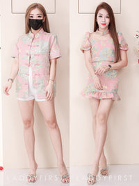 【SS3386-2】【LFW独家小圆饼】高品质两件式提花旗袍套装 泡泡袖提花拼接网纱旗袍上衣➕荷叶摆提花高腰裙子，内层有里布短裤 ❤️❤️