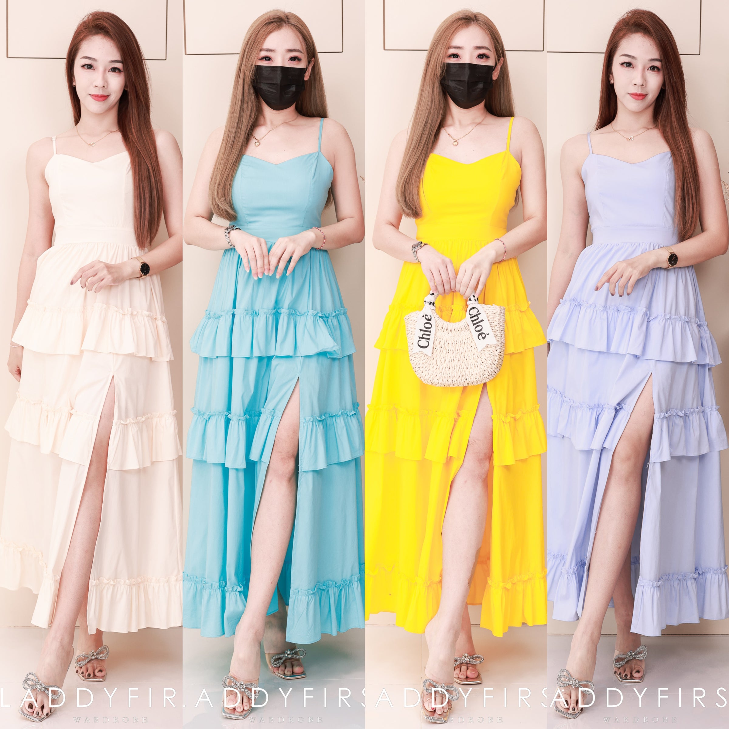 【D38439】【网站福利款✨】独家爆款高品质无袖自调肩带仙气温柔风层次蛋糕连身裙子，侧边开叉设计 ❤️❤️ 【B-R1-C6】