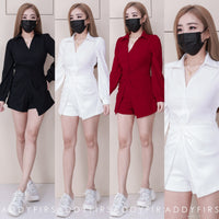 【SS8235001】【LFW独家小圆饼】高品质两件式韩式气质长袖西装套装 腰围扭褶设计翻领长袖上衣➕西装高腰百搭短裤❤️❤️ 【D-R1-C5】