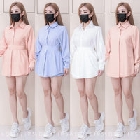 【SS16036】两件式法式高级感宽松衬衫套装 翻领长袖衬衫上衣，绑带收腰腰带➕高腰百搭短裤，后副伸缩弹力，有口袋 ❤️❤️ 【E-R2-C3】
