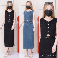 【SS3440】【LFW独家小圆饼】高品质两件式韩版气质时尚套装 无袖马甲牛仔上衣/外套两穿➕中长款牛仔高腰裙子，侧边开叉设计，有口袋 ❤️❤️【A- R1-C6】