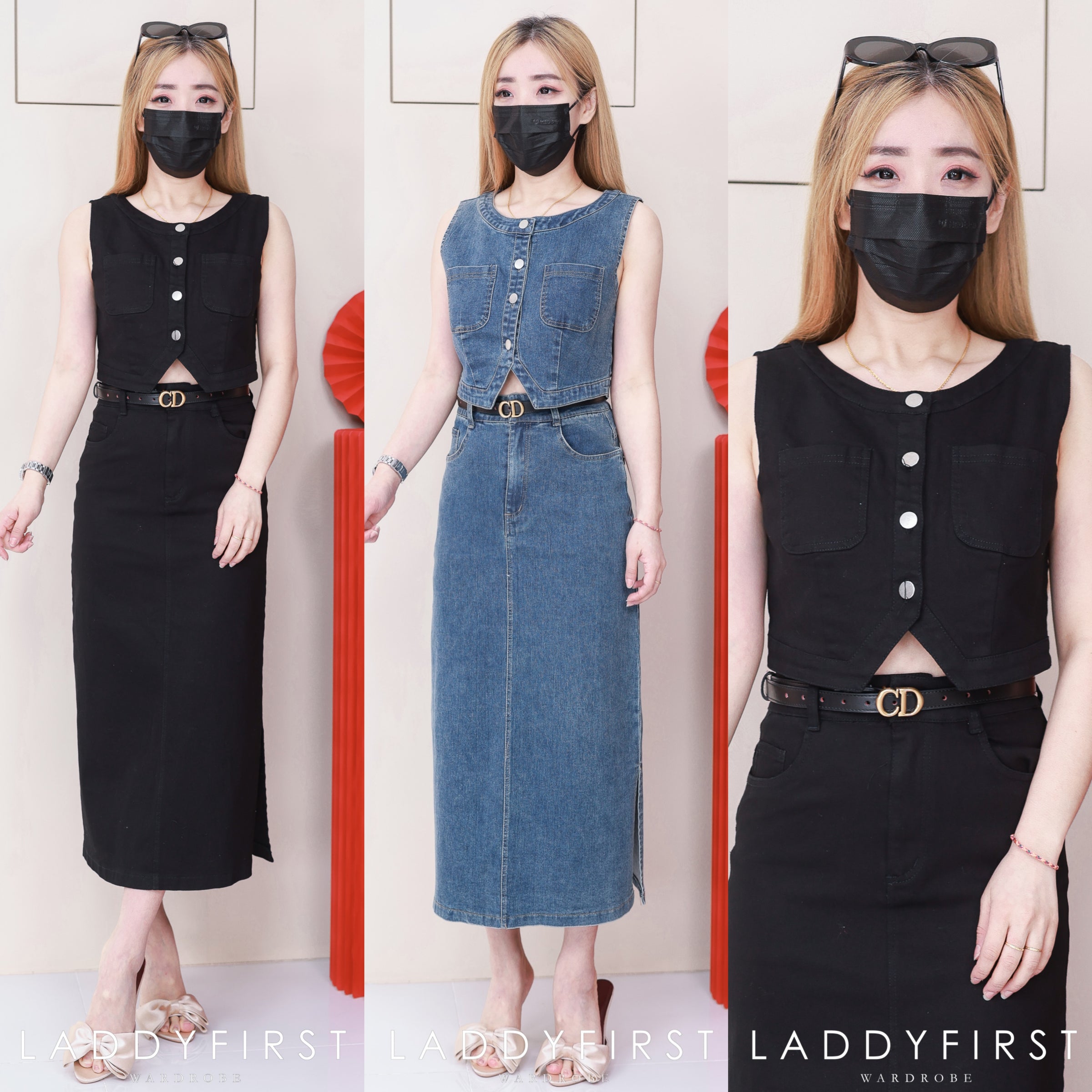 【SS3440】【LFW独家小圆饼】高品质两件式韩版气质时尚套装 无袖马甲牛仔上衣/外套两穿➕中长款牛仔高腰裙子，侧边开叉设计，有口袋 ❤️❤️【A- R1-C6】