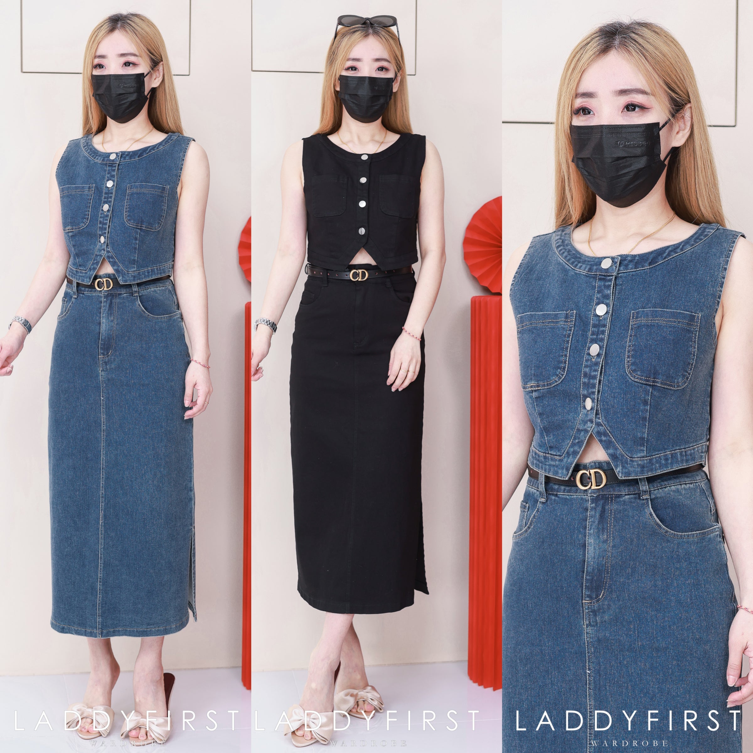 【SS3440】【LFW独家小圆饼】高品质两件式韩版气质时尚套装 无袖马甲牛仔上衣/外套两穿➕中长款牛仔高腰裙子，侧边开叉设计，有口袋 ❤️❤️【A- R1-C6】