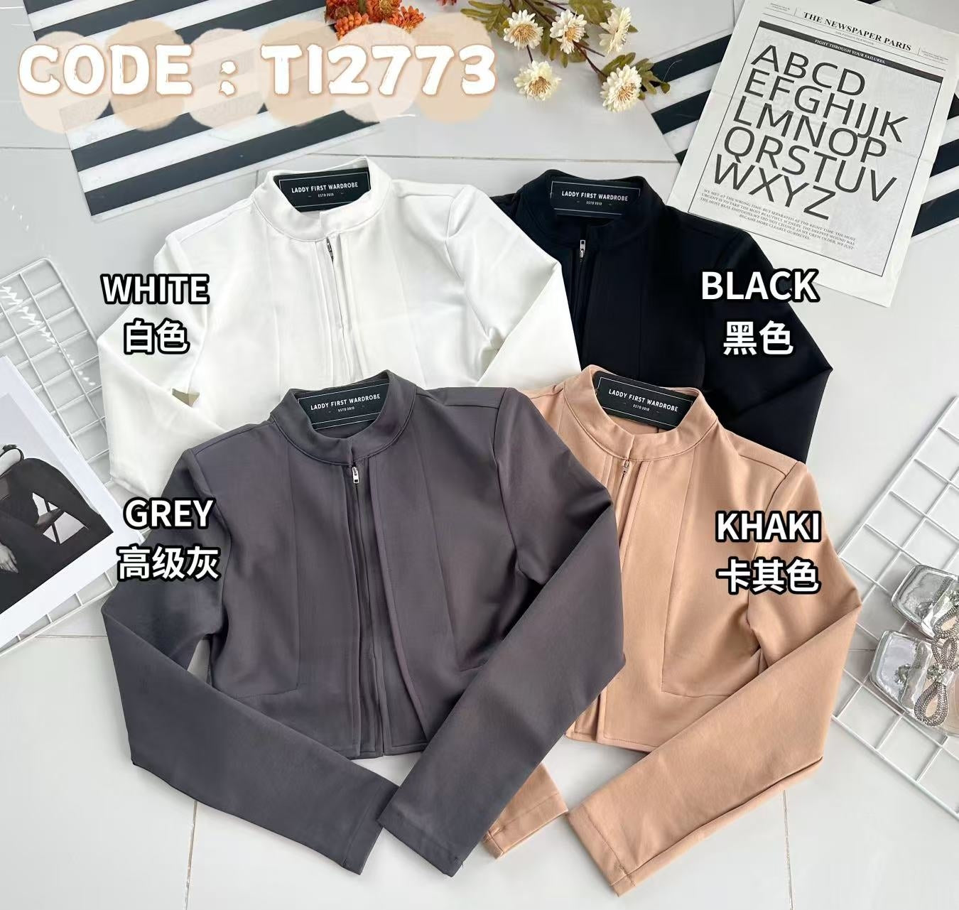 【T12773】高品质气质罗马短版长袖上衣/外套，有肩垫 ❤❤
