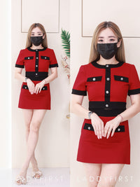 【SS3513】【LFW独家小圆饼】高品质两件式高端气质罗马小香风时尚套装 圆领短袖罗马小香风上衣➕A字罗马高腰百搭裙子，内层有里布短裤 ❤️❤️ 【E-R3-C3】