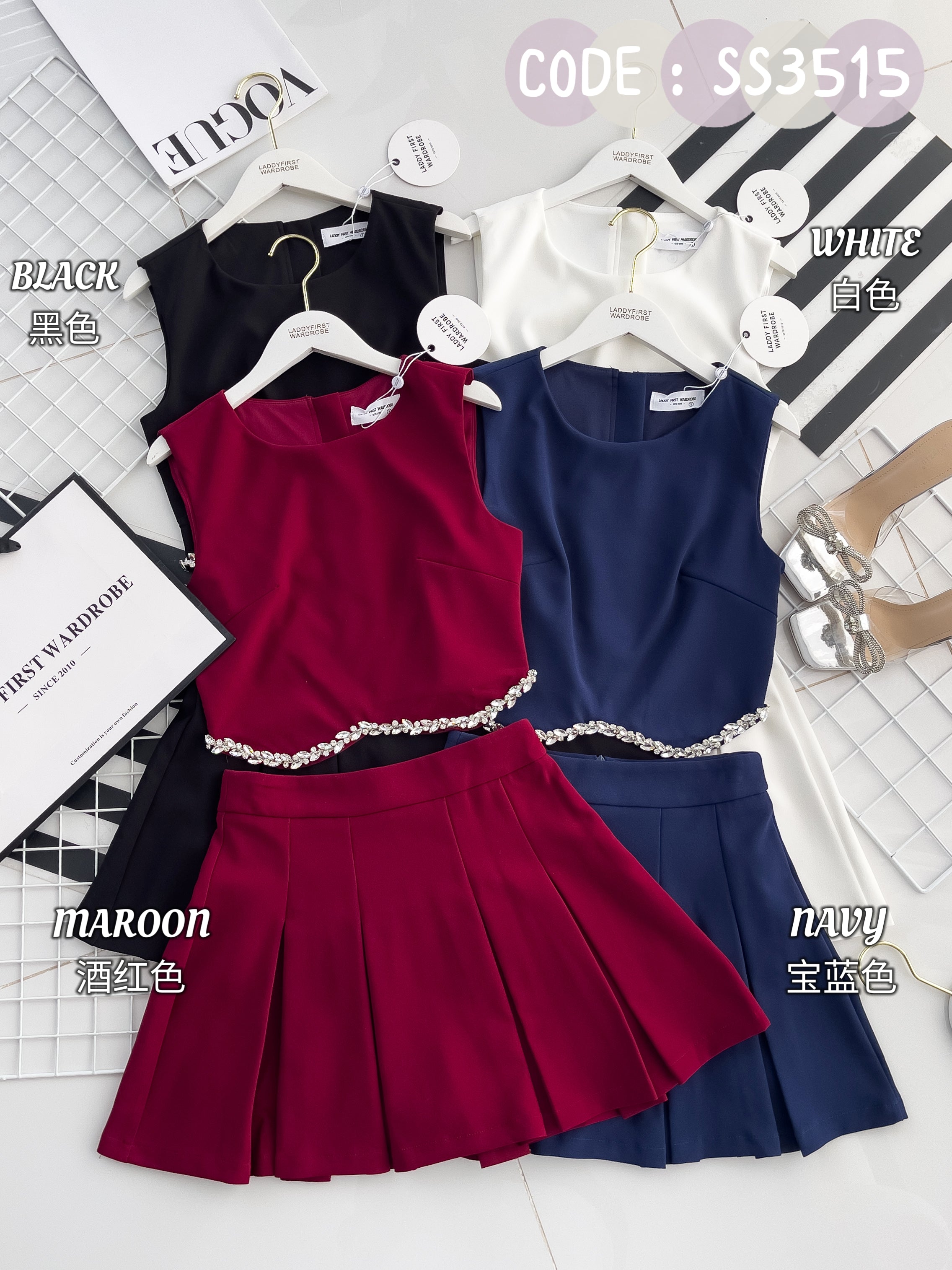 【SS3515】【LFW独家小圆饼】高品质两件式减龄时尚西装套装 拼接精致水钻无袖西装上衣➕学院风西装高腰百褶裙子，内层有里布短裤 ❤️❤️