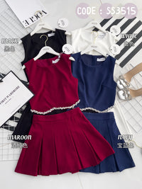 【SS3515】【LFW独家小圆饼】高品质两件式减龄时尚西装套装 拼接精致水钻无袖西装上衣➕学院风西装高腰百褶裙子，内层有里布短裤 ❤️❤️