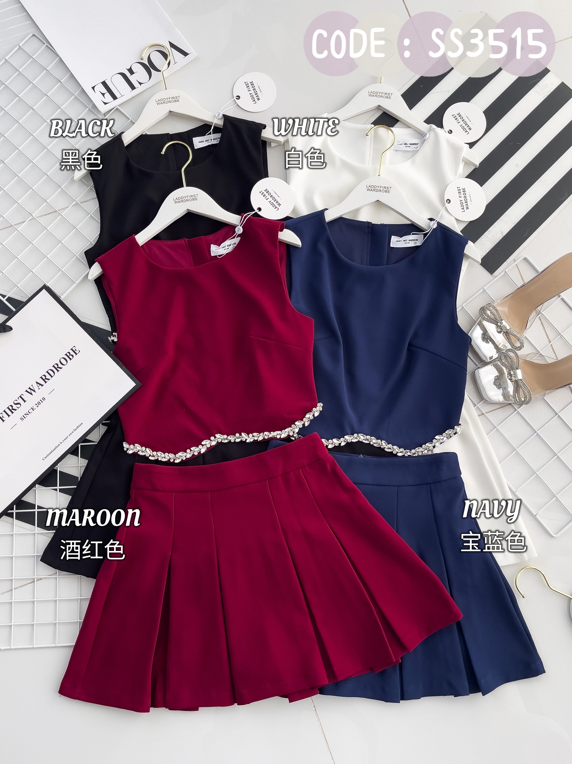【SS3515】【LFW独家小圆饼】高品质两件式减龄时尚西装套装 拼接精致水钻无袖西装上衣➕学院风西装高腰百褶裙子，内层有里布短裤 ❤️❤️