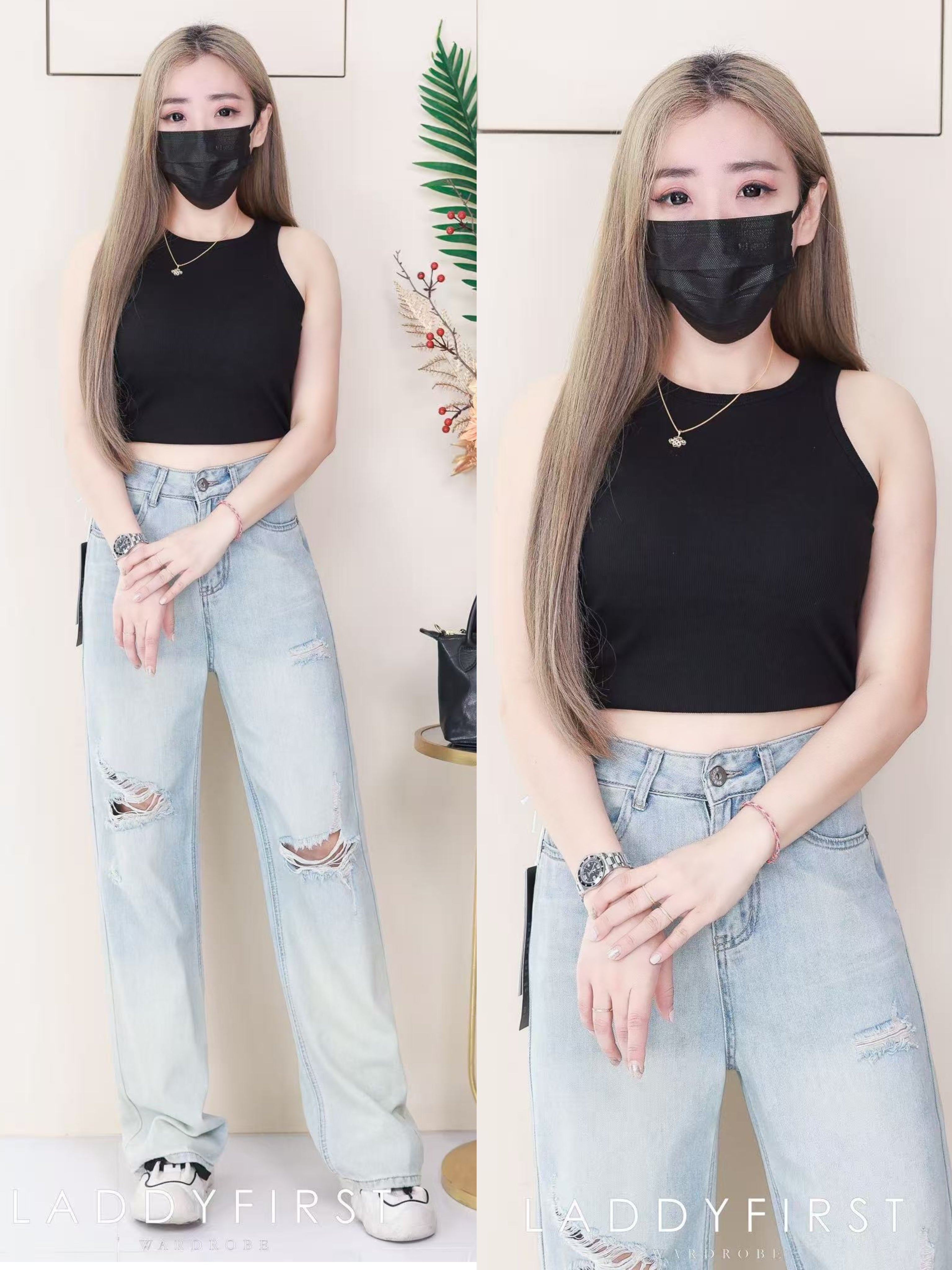 【L9571】高品质气质天丝牛仔高腰阔脚百搭破洞长裤，有口袋 ❤️❤️