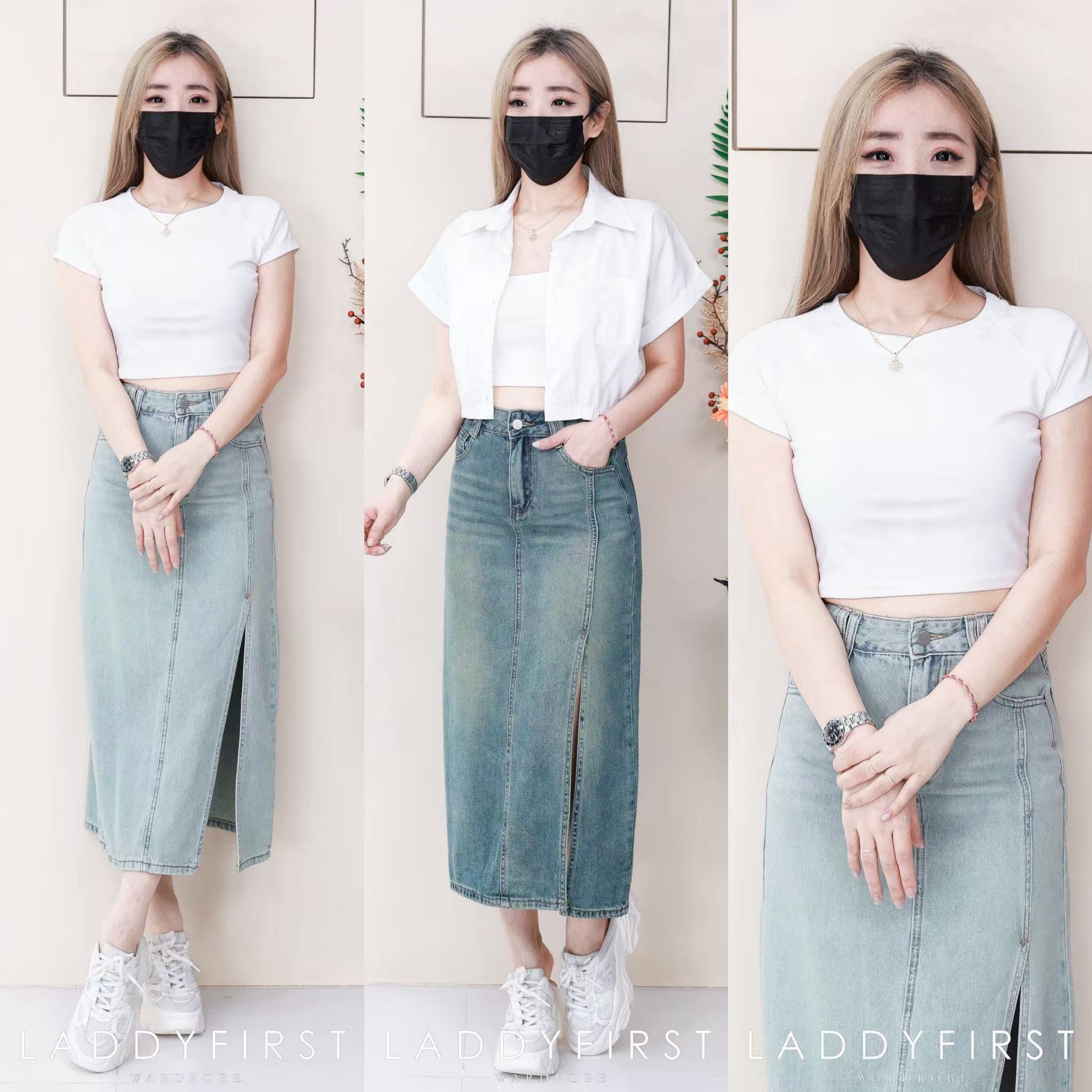 【L6511】高品质韩版牛仔高腰百搭裙子，露腿开叉设计，有口袋 ❤️❤️【A-R2-C1】