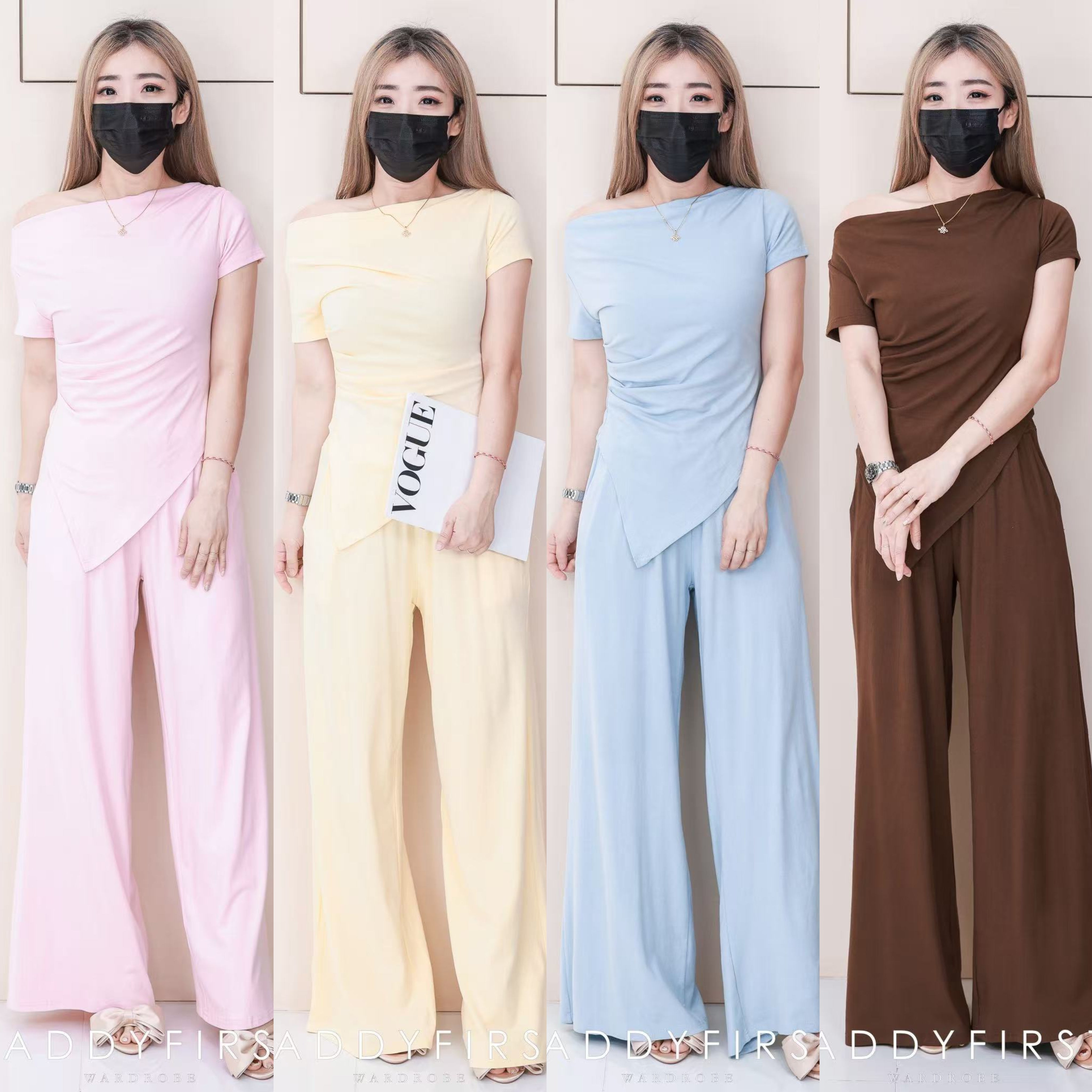 【SS7712】高品质韩系高级感一字肩时尚套装 #纯棉弹力 一字肩不规则短袖上衣➕松紧腰弹力阔脚高腰百搭长裤，有口袋 ❤️❤️