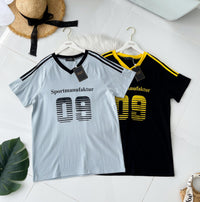 【T14260 / 9062】高品质V领09字母拉线设计纯棉OVERSIZED 上衣 ❤❤ 【B-R2-C4】