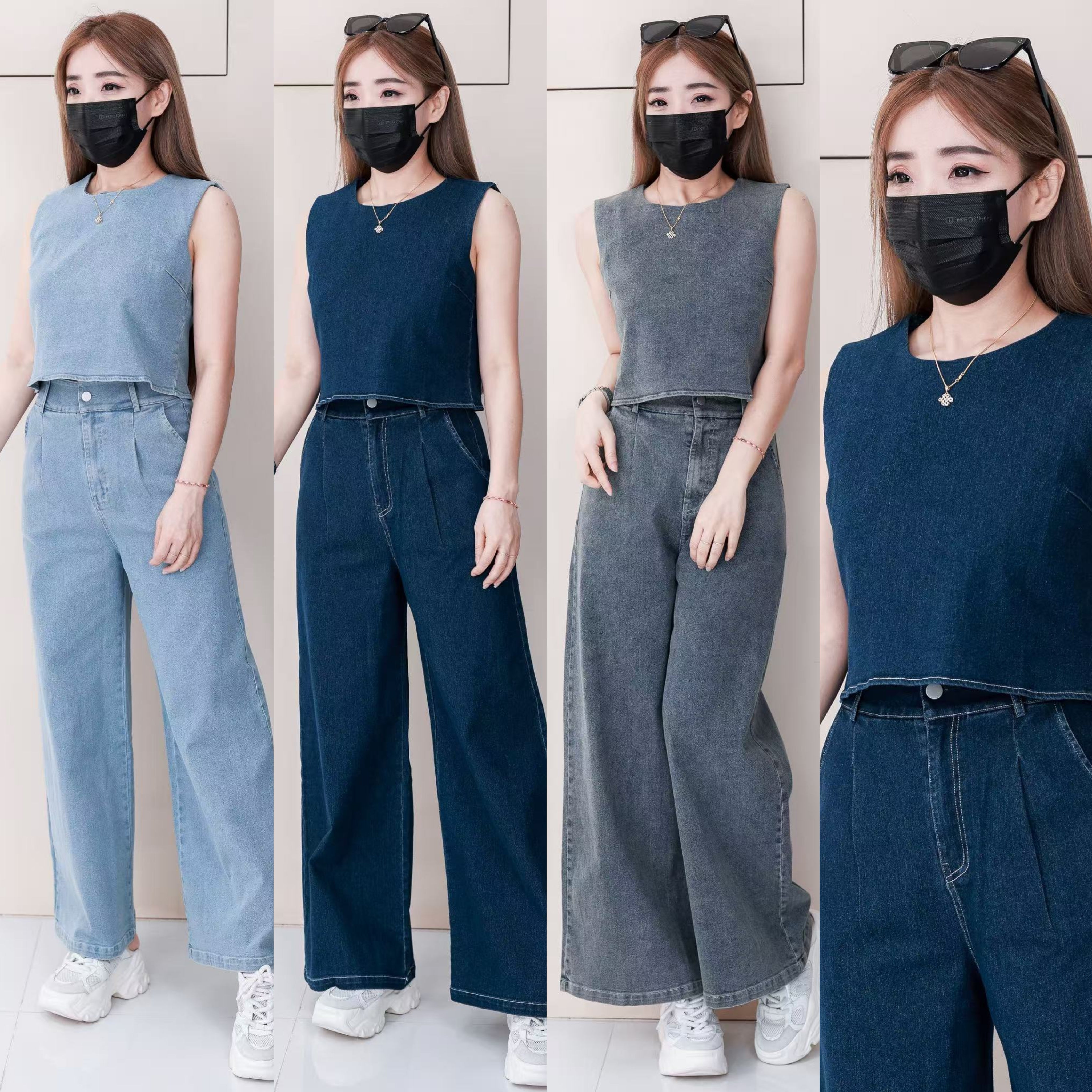 【SS2631】高品质两件式御姐风气质简约牛仔套装 宽松牛仔无袖上衣➕阔脚牛仔高腰百搭短裤，有口袋 ❤️❤️