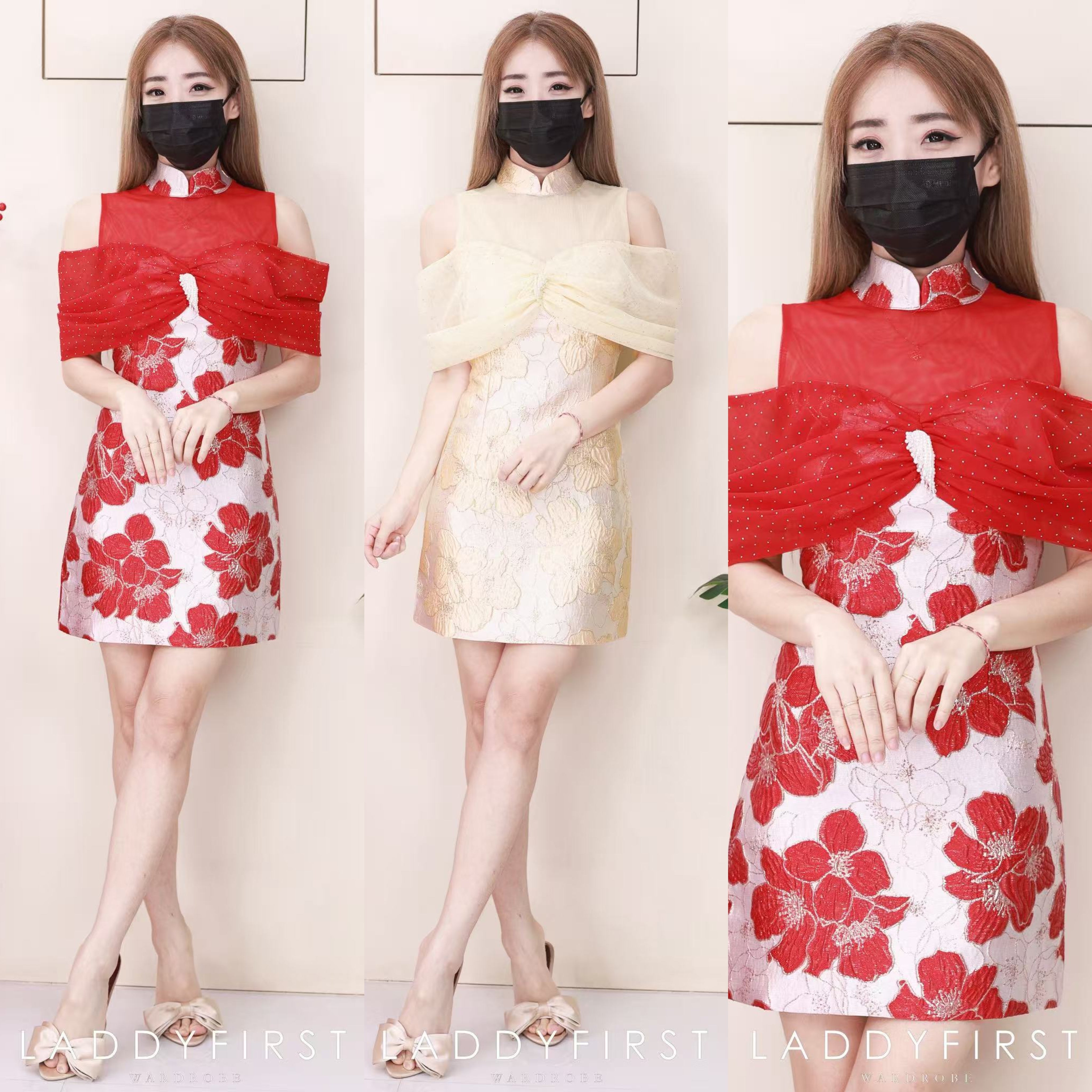 【D8238901】⚡️精选预定款⚡️高品质高端气质拼接网纱蝴蝶结提花旗袍连身裙子 ❤️❤️