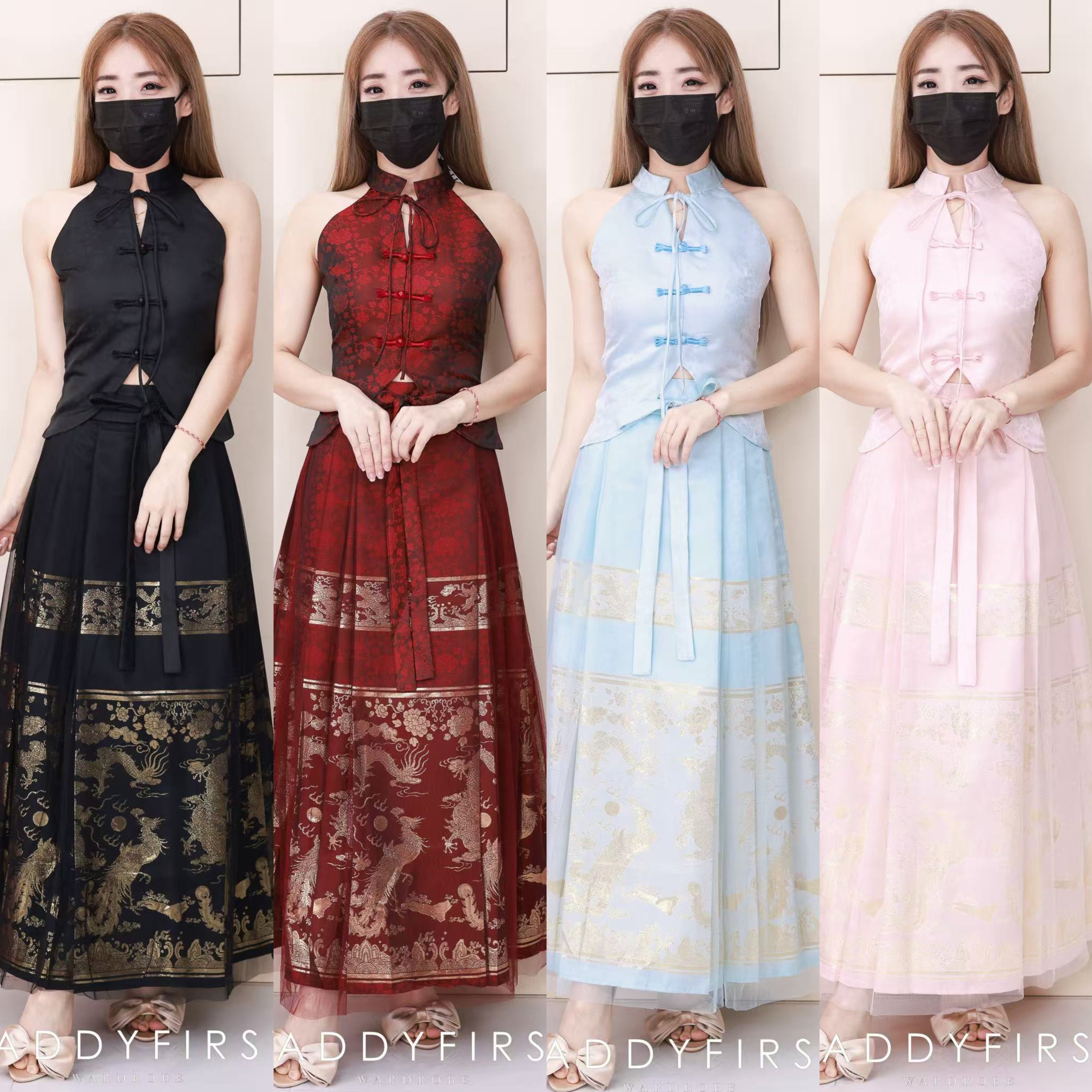 【SS2707】高品质两件式高贵贵气金线龙凤展翔马面裙旗袍套装 缎面无袖旗袍上衣➕高腰百褶马面长裙 ❤️❤️