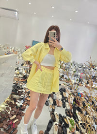 【SS3540】＊高质量套装回馈＊【LFW独家小圆饼】高品质两件式韩式气质感衬衫时尚套装 宽松版翻领长袖衬衫上衣➕卫衣棉松紧腰弹力高腰裙子，内层有里布短裤 ❤️❤️