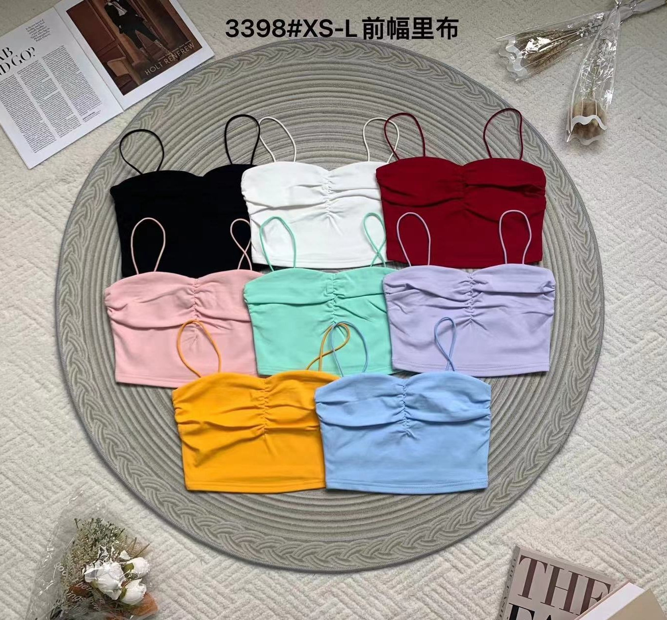 【T3398】V领小皱褶设计细带无袖纯棉弹力内搭上衣 ❤❤ 【B-R2-C4】