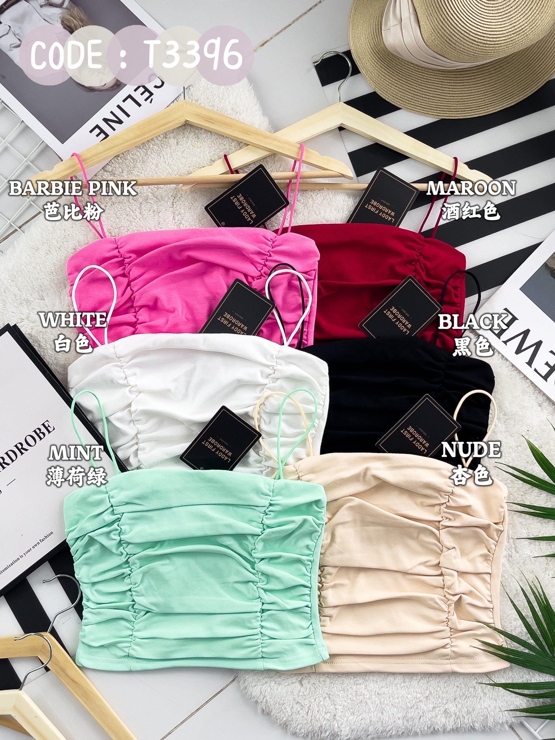 【T3396】方领皱褶显瘦设计细带无袖纯棉弹力内搭上衣 ❤❤【A-R2-C1】