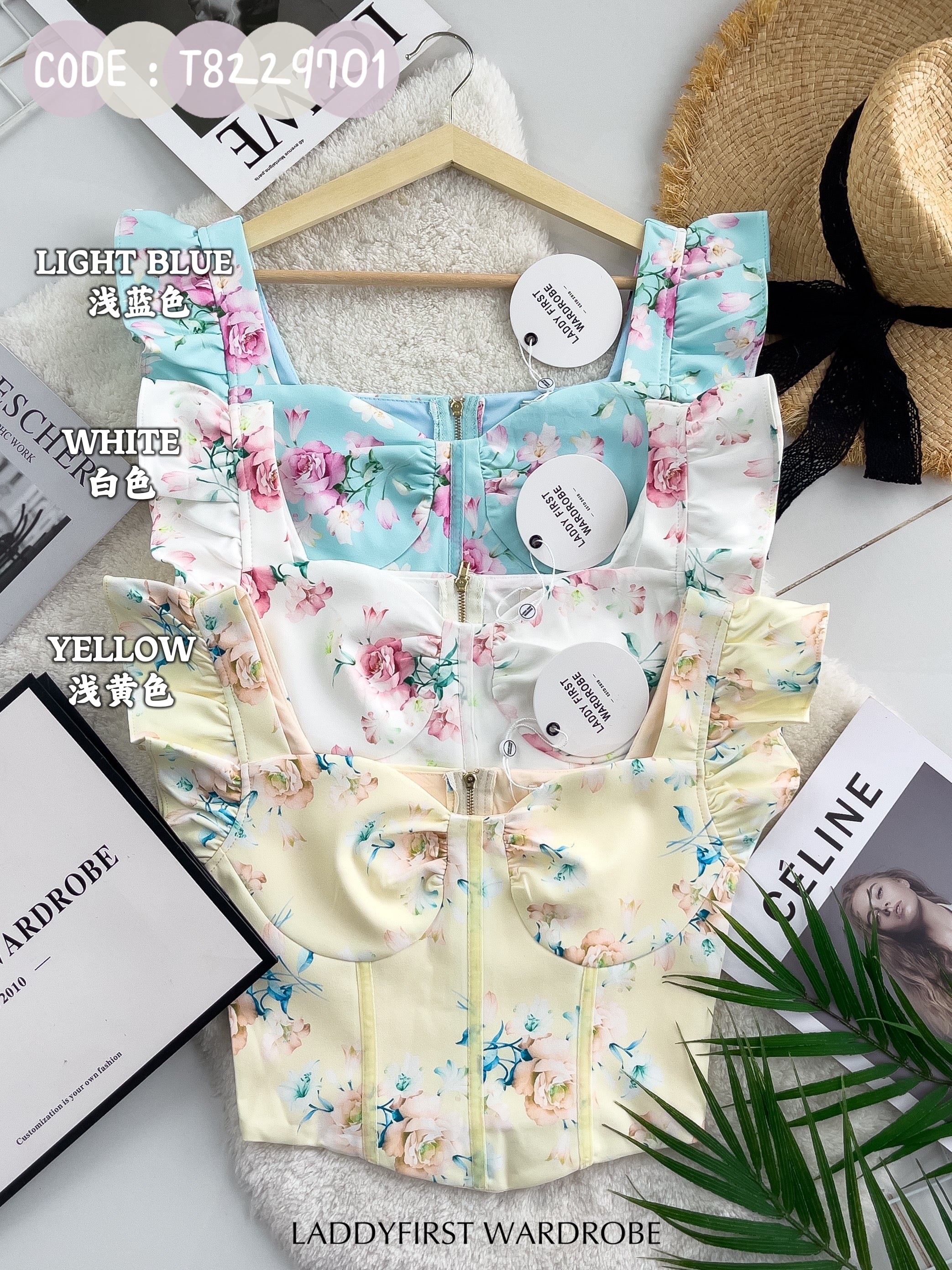 【T8229701】无袖荷叶边收腰设计印花时装上衣，内层有里布 ❤️❤️ 【C-R1-C2】