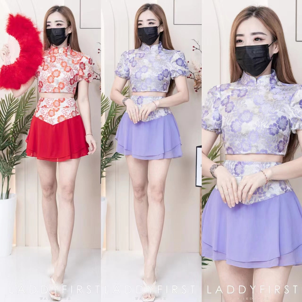 【SS3384】【独家小圆饼】两件式提花唐装旗袍套装 短袖珍珠设计提花上衣➕提花拼接雪纺裙子，内层有里布短裤 ❤️❤️