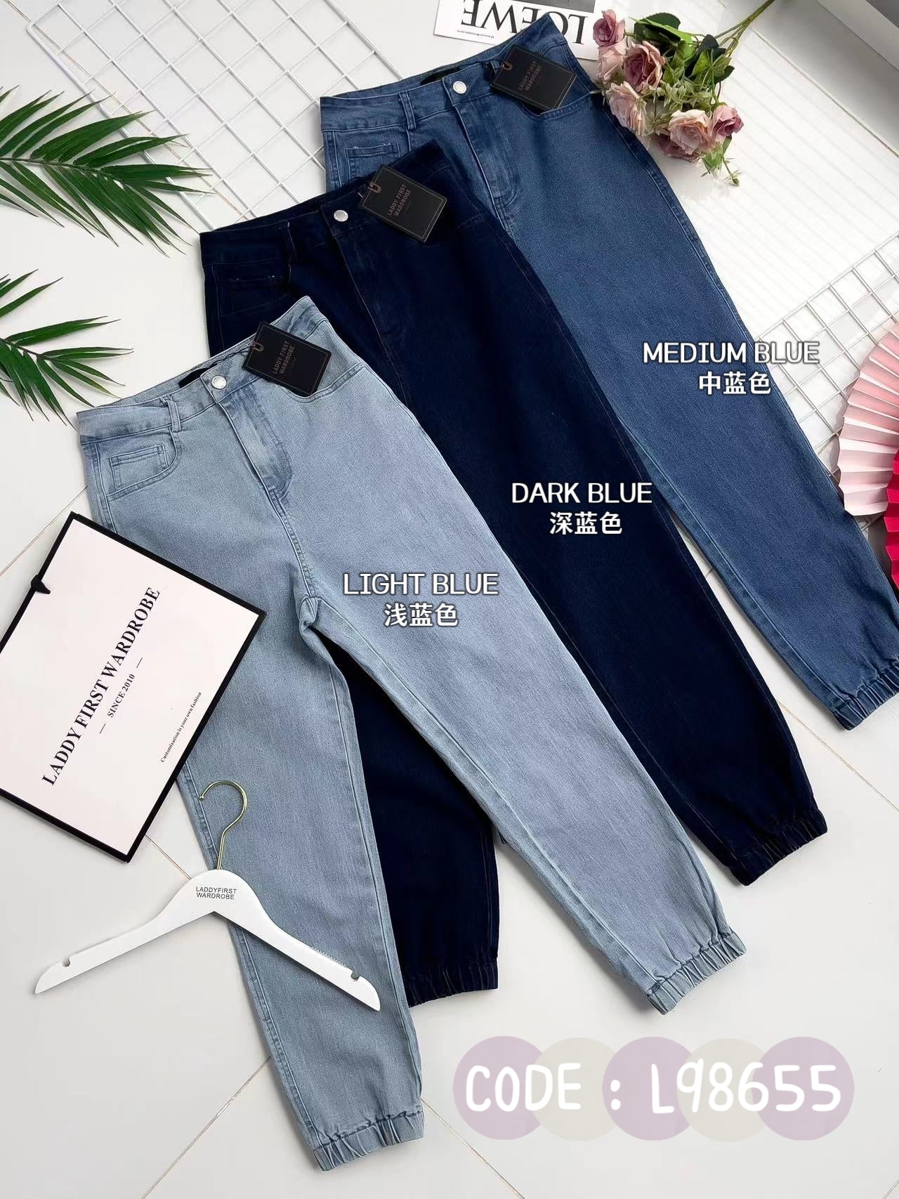 【L98655】独家爆款高品质COTTON JEANS牛仔弹力收口束脚高腰休闲百搭长裤，有口袋 ❤️❤️ #牛仔弹力面料【A-R3-C1】