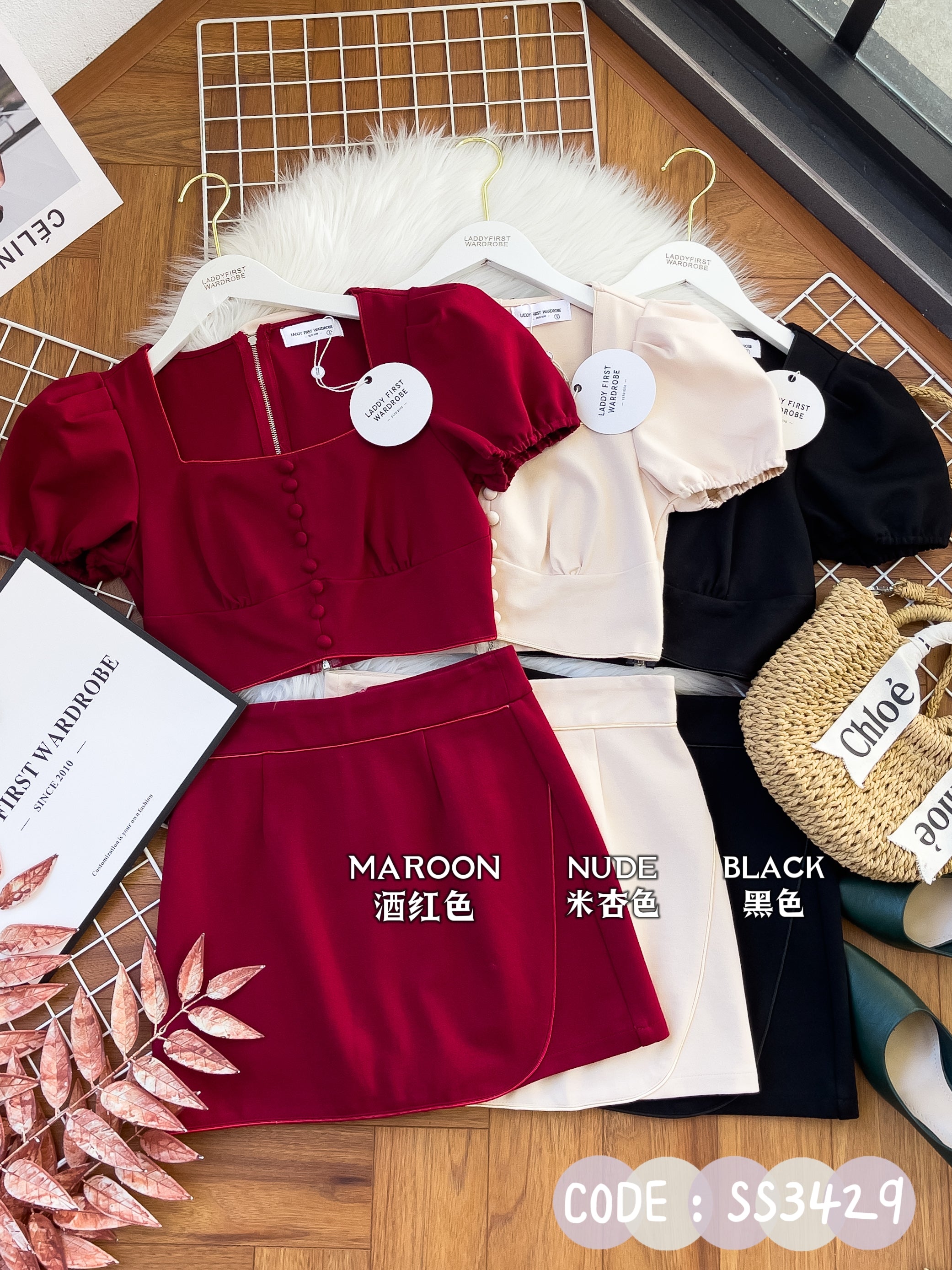 【SS3426】LFW独家爆款两件式罗马时装套装 方领罗马时装上衣，后中拉链➕罗马高腰百搭裙子，内层有里布短裤【C-R2-C3】