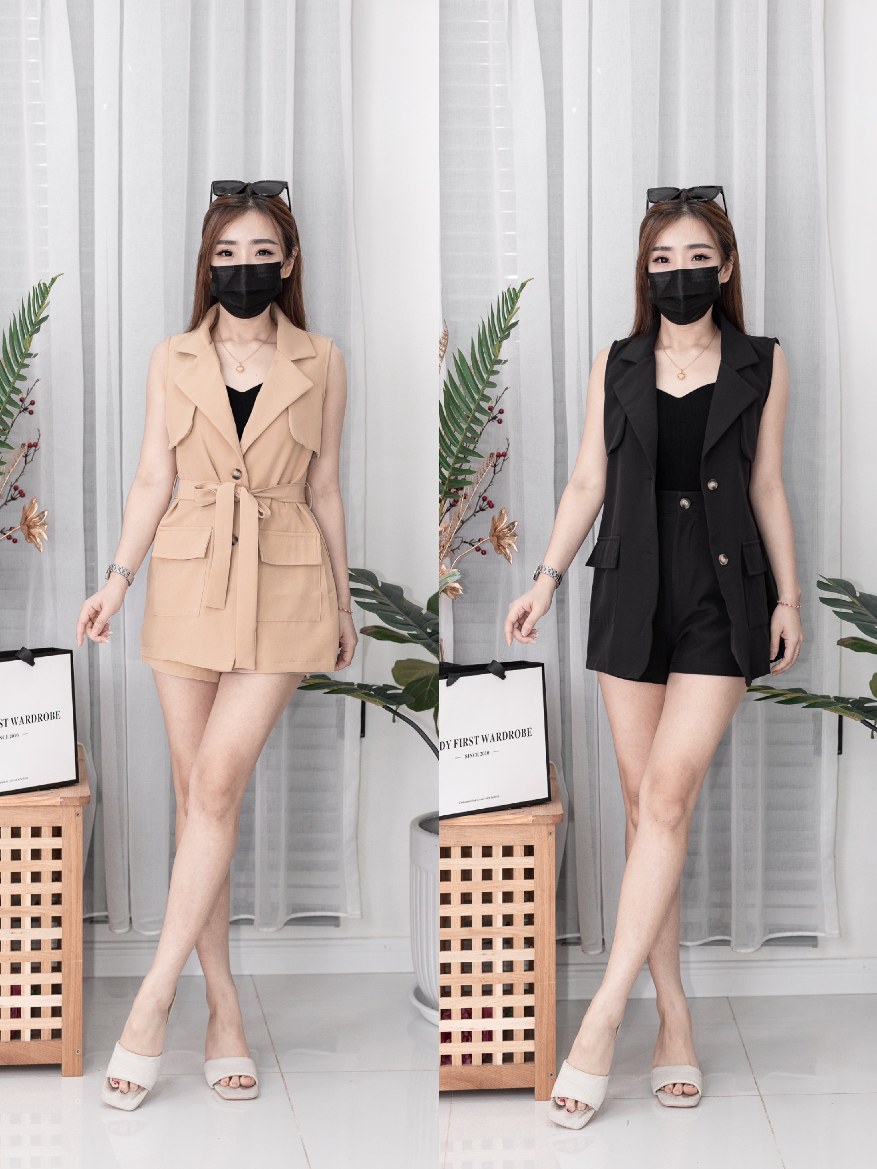 【SS18593】两件式时装套装 翻领无袖中长款西装上衣➕西装高腰百搭短裤，有口袋