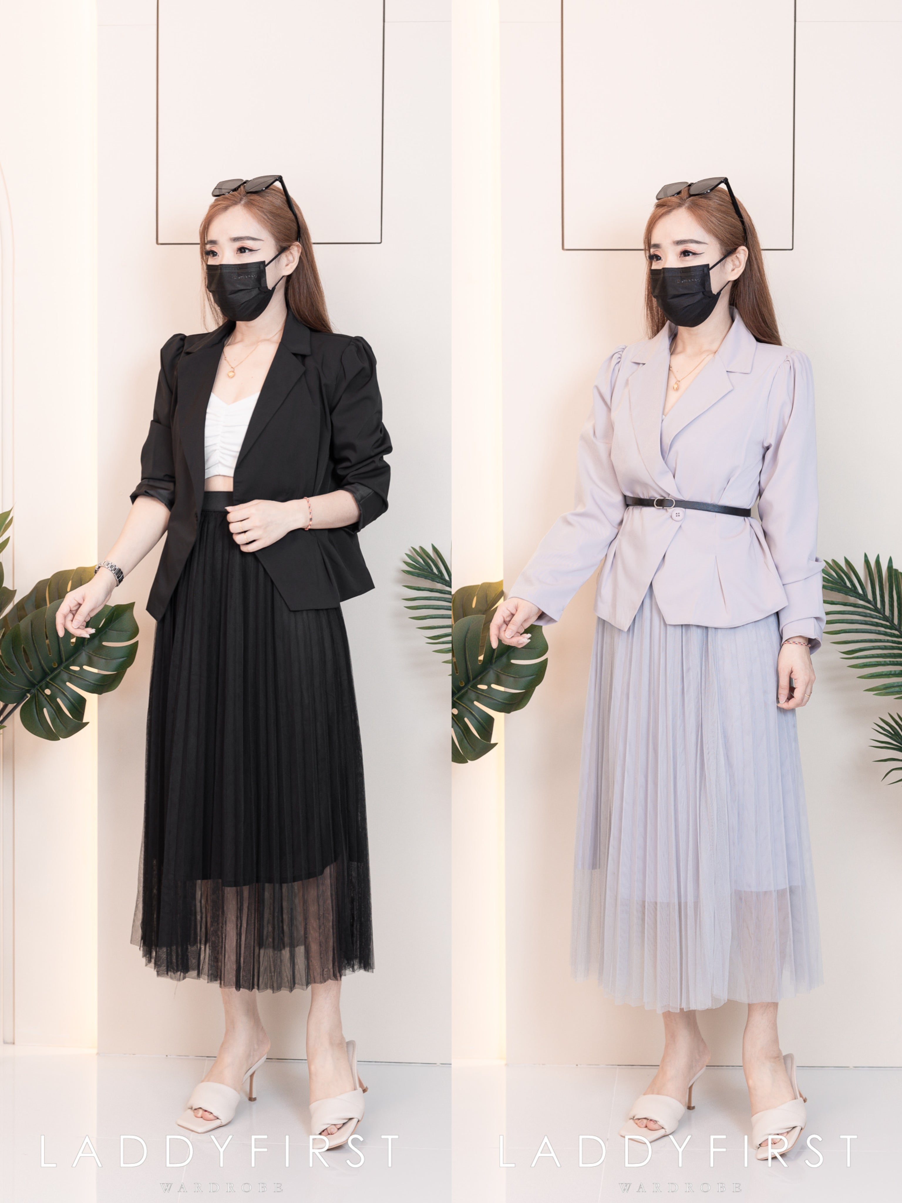 【SS1296】两件式韩式时尚套装，配送腰带 ✨ 带肩带翻领西装长袖外套上衣➕七分高腰网纱裙子