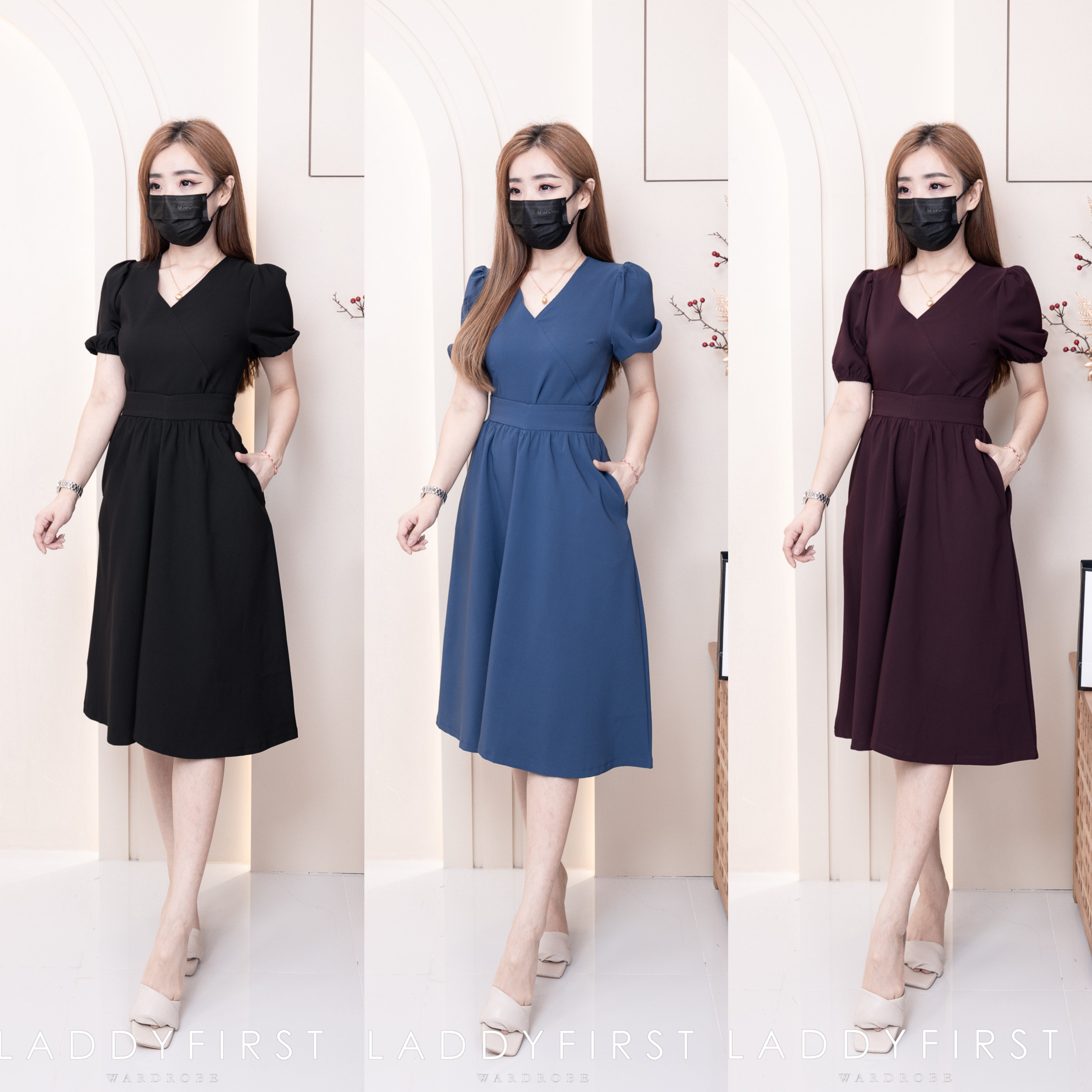 【SS30115】两件式韩版西装套装 V领泡泡袖西装上衣➕西装高腰七分裙子 ❤️❤️