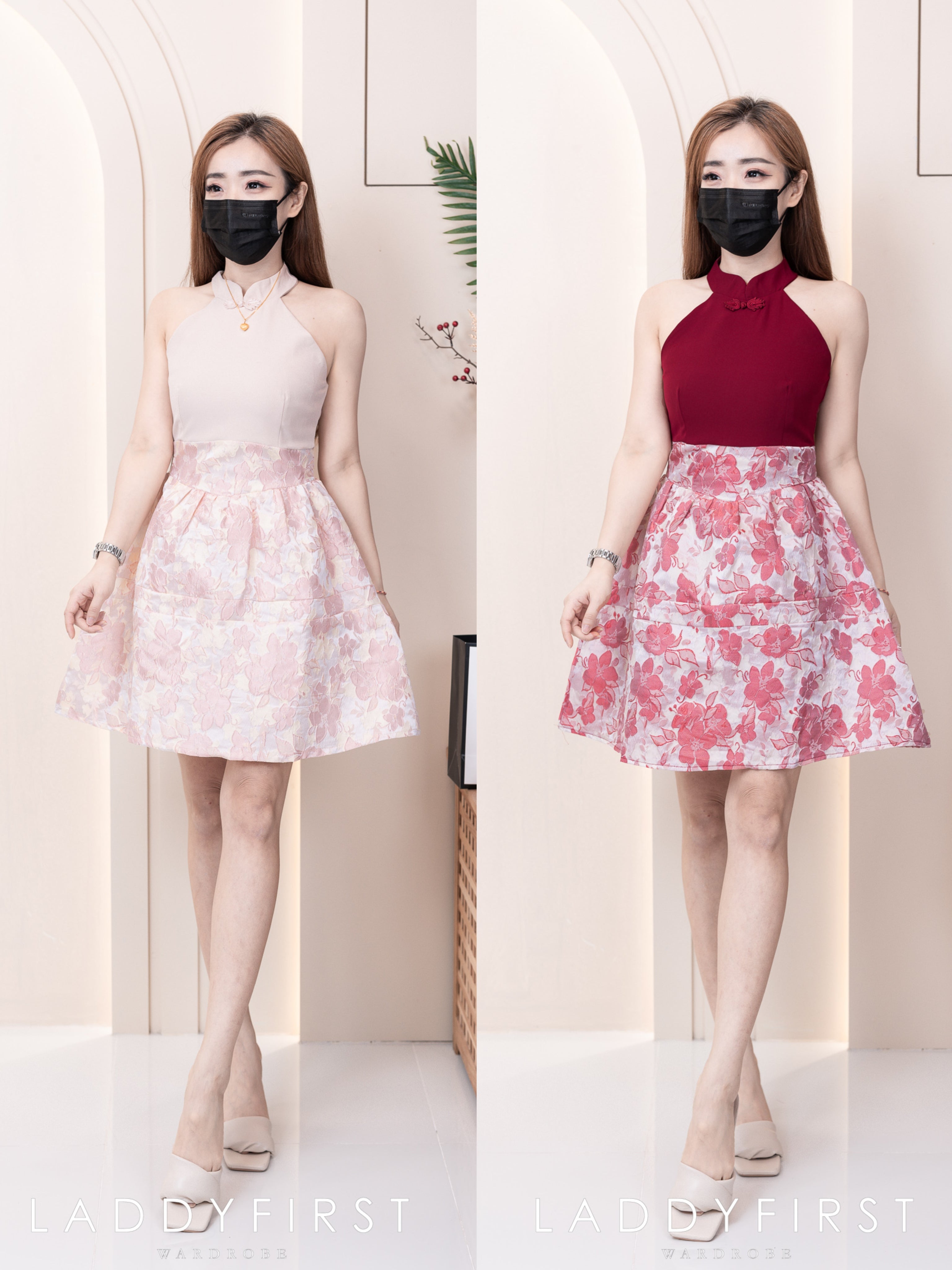 【D97052】CUT IN无袖西装拼接提花旗袍缝缝连身裙子